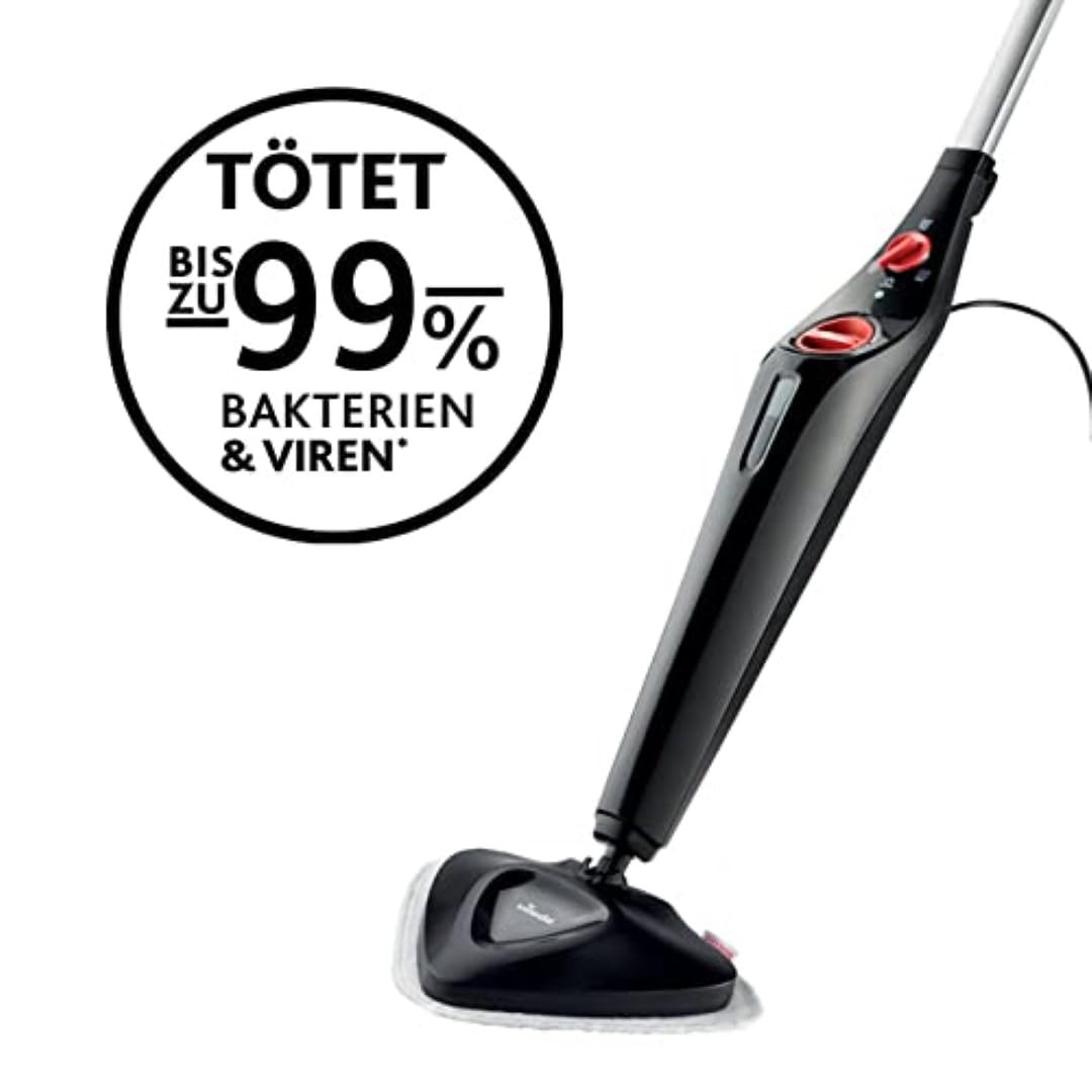 Vileda Steam Plus Dampfreiniger, hygienische Bodenreinigung, entfernt bis zu 99,9% der Bakterien und Viren*, für alle Böden, ideal für Teppiche, Breit, Schwarz