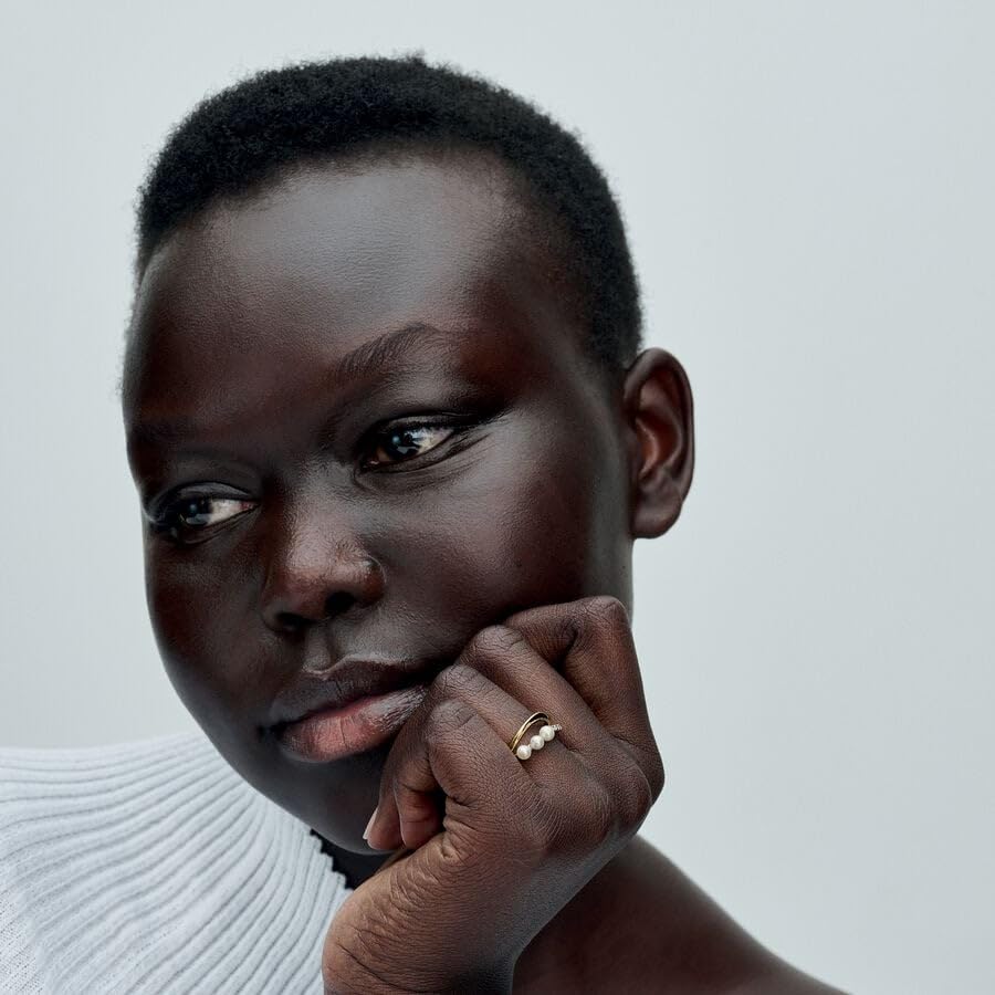 PANDORA Essence Behandelte Süßwasserzuchtperle & Organisch geformter Doppelband-Ring aus Sterling Silber mit vergoldeter Metalllegierung und Zirkonia, Größe: 54, 163258C01-54