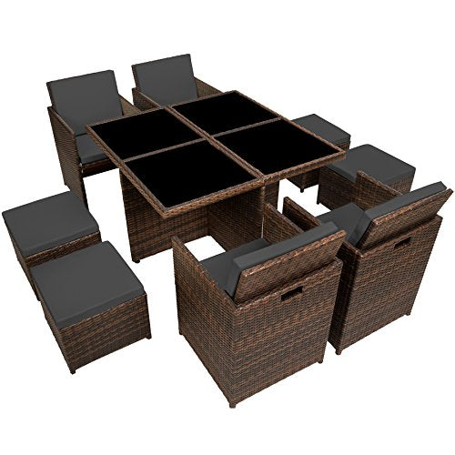 tectake® Lounge Möbel Set 4X Stühle, 4X Hocker, 1x Tisch, platzsparende Cube Aufbewahrung, Outdoor Rattan Gartenmöbel für Balkon, Garten und Terrasse, mit Abdeckung und Wechselbezügen - Schwarzbraun
