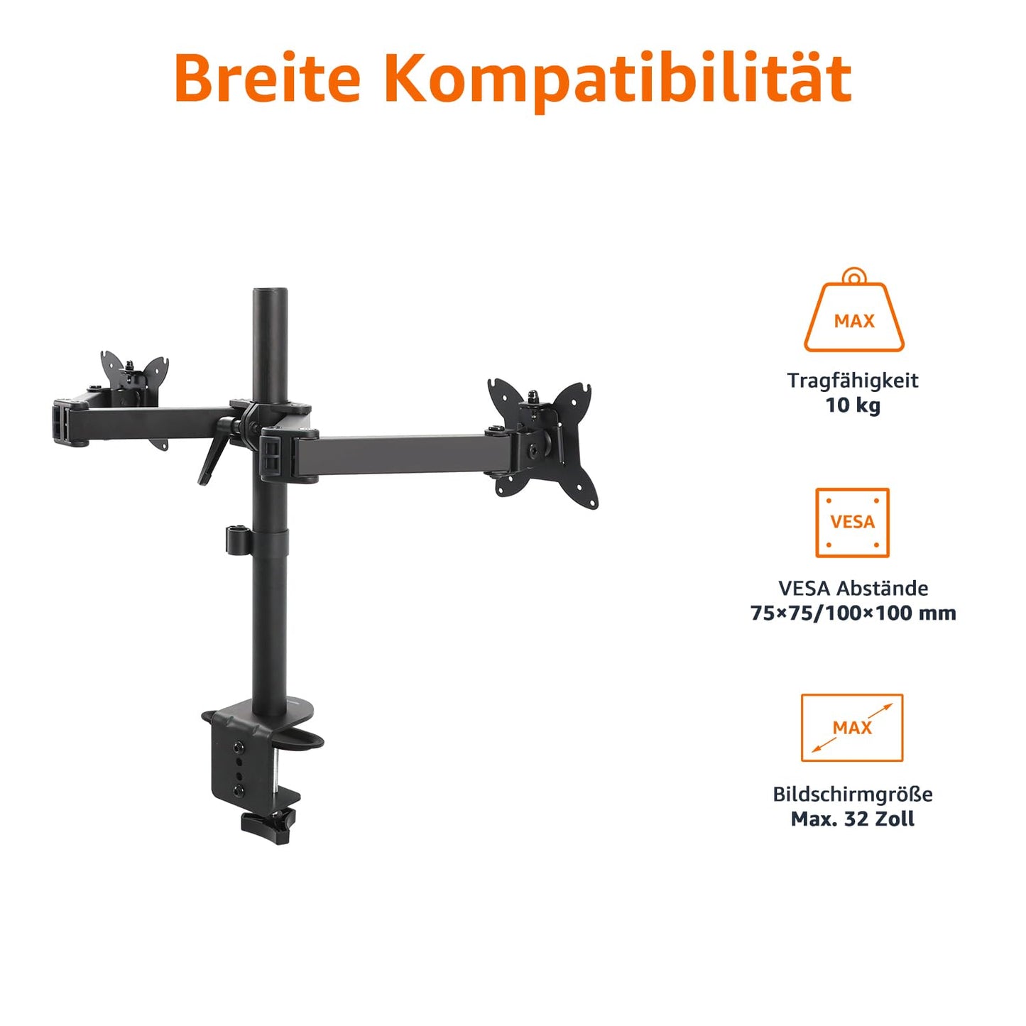 Amazon Basics Schreibtischhalterung für zwei Computermonitore, verstellbar, für Monitore bis zu einer Größe von 32 Zoll (81.3 cm), Schwarz