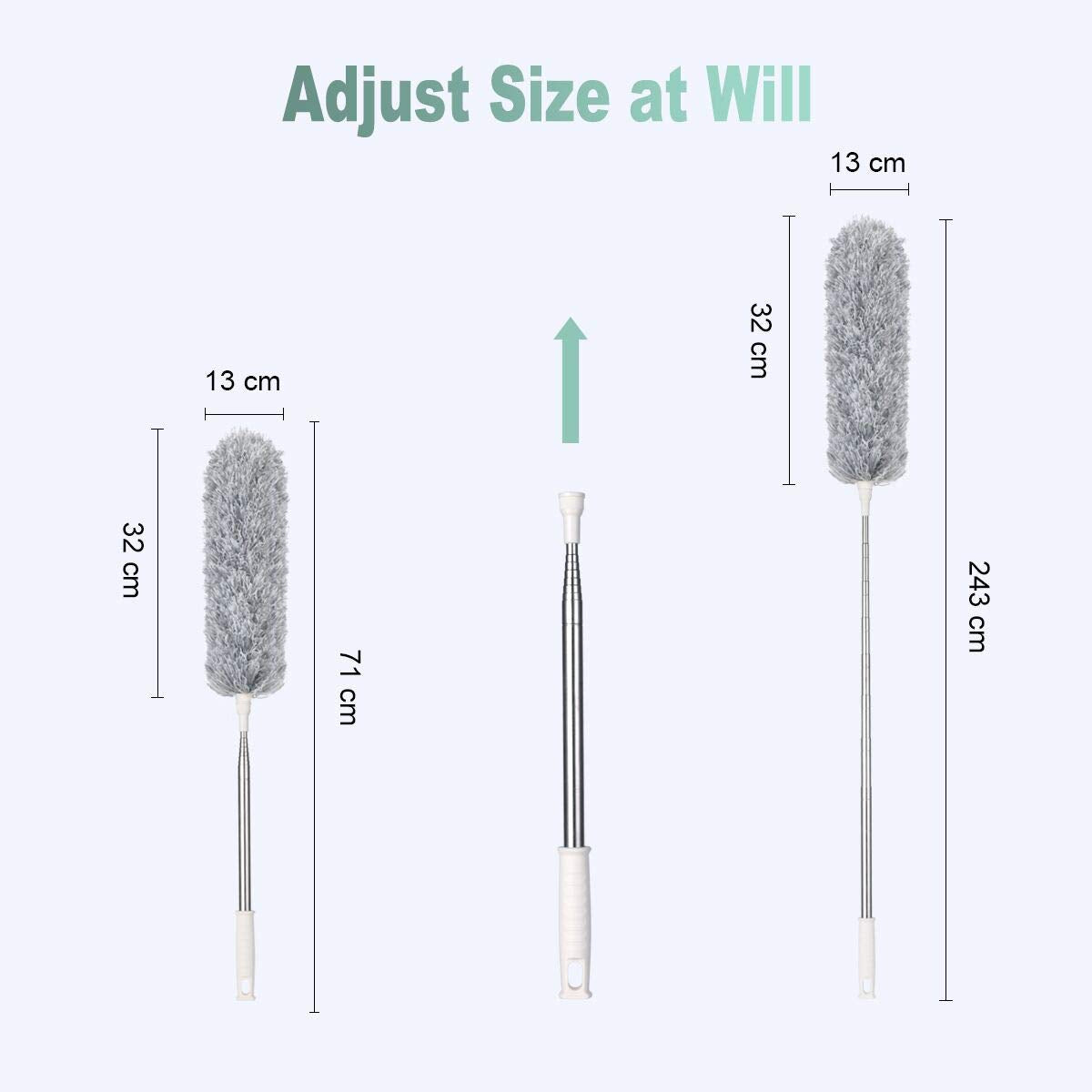 Vicloon Staubwedel Teleskop, Staubwischer Mikrofaser Bis 243cm Länge, mit Edelstahl Teleskop Stange, Waschbar Verbiegbare Eckbesen, Entfernt Mühelos Staub(Grau)
