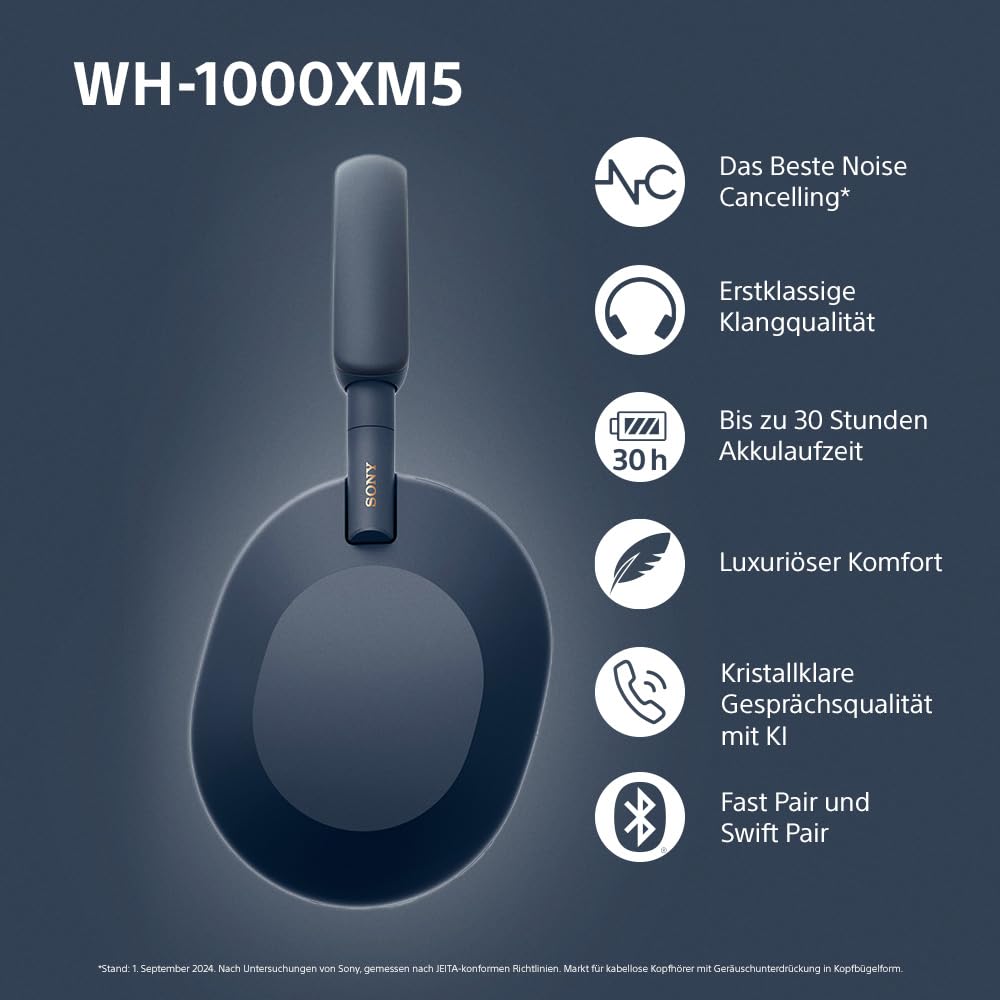 Sony WH-1000XM5 Wireless Noise Cancelling Headphones (30h Battery, Touch Sensor, Quick Charge Function, Optimised for Amazon Alexa, Headset with Microphone) Midnight Blue, Blau
