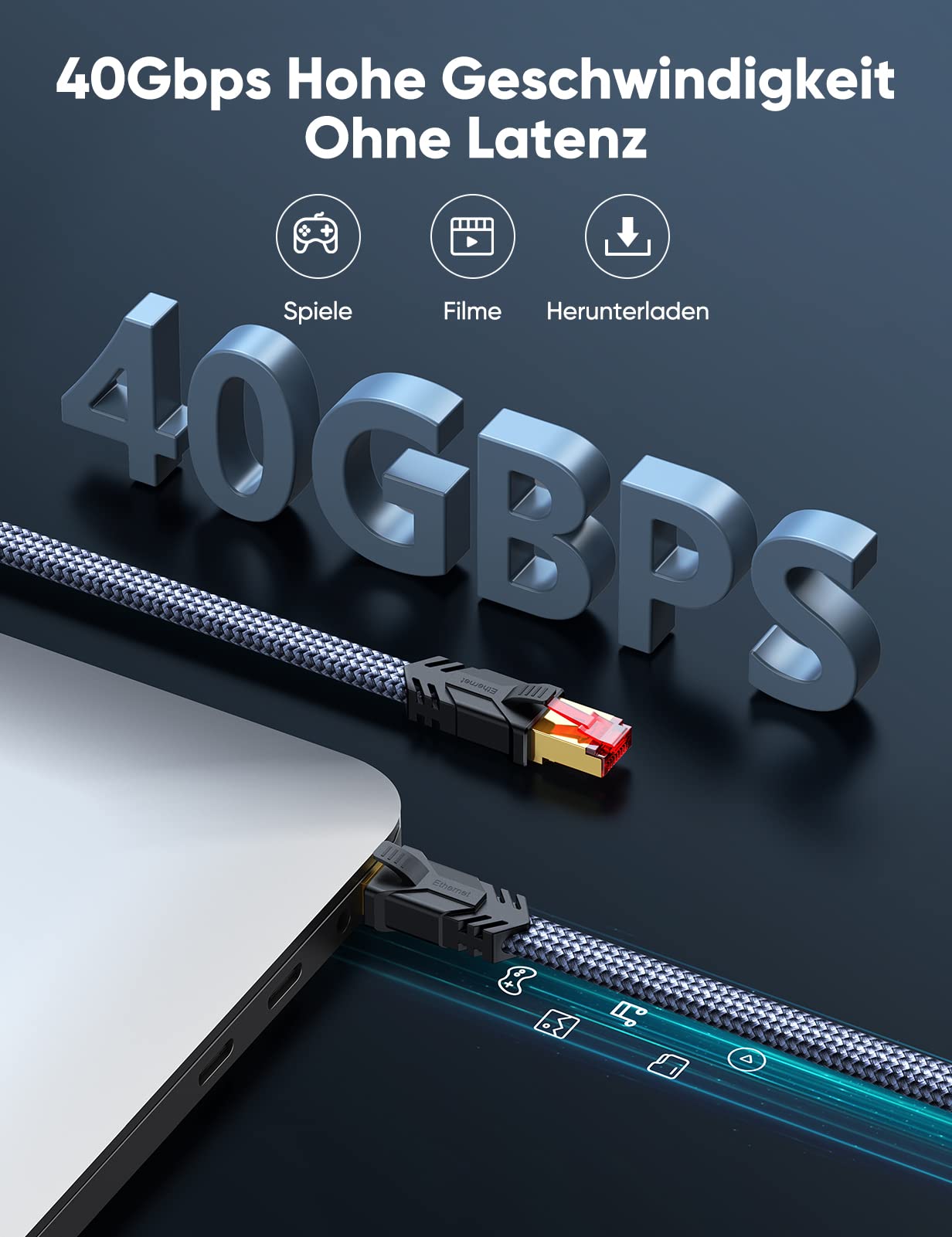 SNOWKIDS Cat 8 LAN Kabel 5m, 40Gbps Netzwerkkabel Ethernet Kabel 2000MHz S/FTP RJ45 Gigabit Nylon Patchkabel für PS5 Router Modem TV Switch Laptop