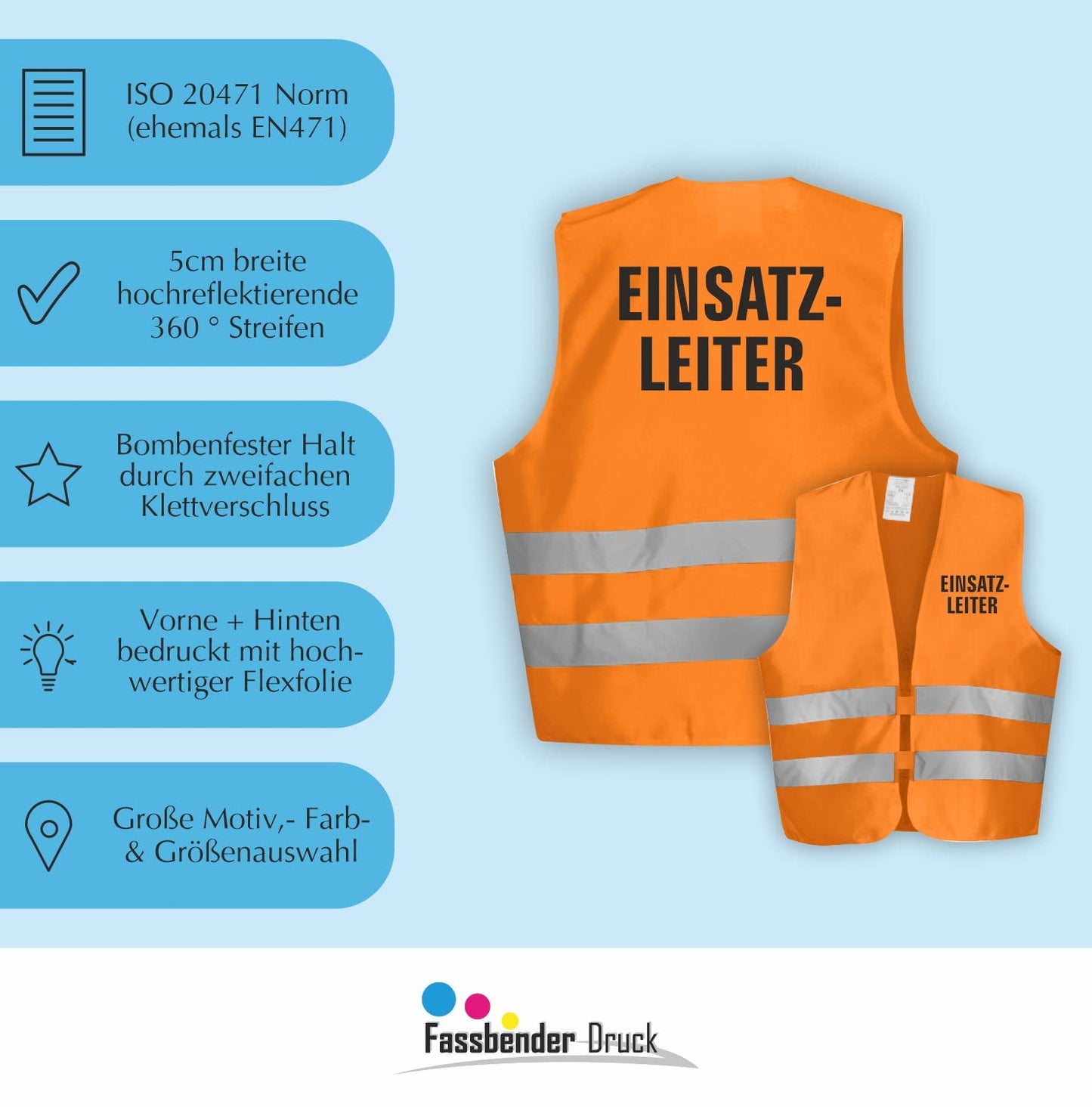 Fassbender-Druck WARNWESTEN - Sicherheitsweste ORANGE Warnweste nach EN ISO 20471 zertifiziert - Warn Weste für EINSATZLEITER - Unisex mit hochwertigem Reflektorstreifen (ORANGE I M/L I 1St.)