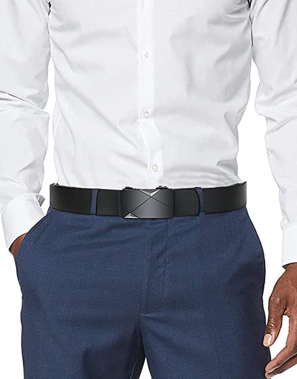 Gürtel Herren, Ledergürtel Herren Schwarz Automatikschließe Gürtel Schnellverschluss Ratsche Gürtel ohne löcher verstellbar für Herrenkleid Lässig Hose Anzug Jeans Hose, 35mm Breit, Größe Angepasst