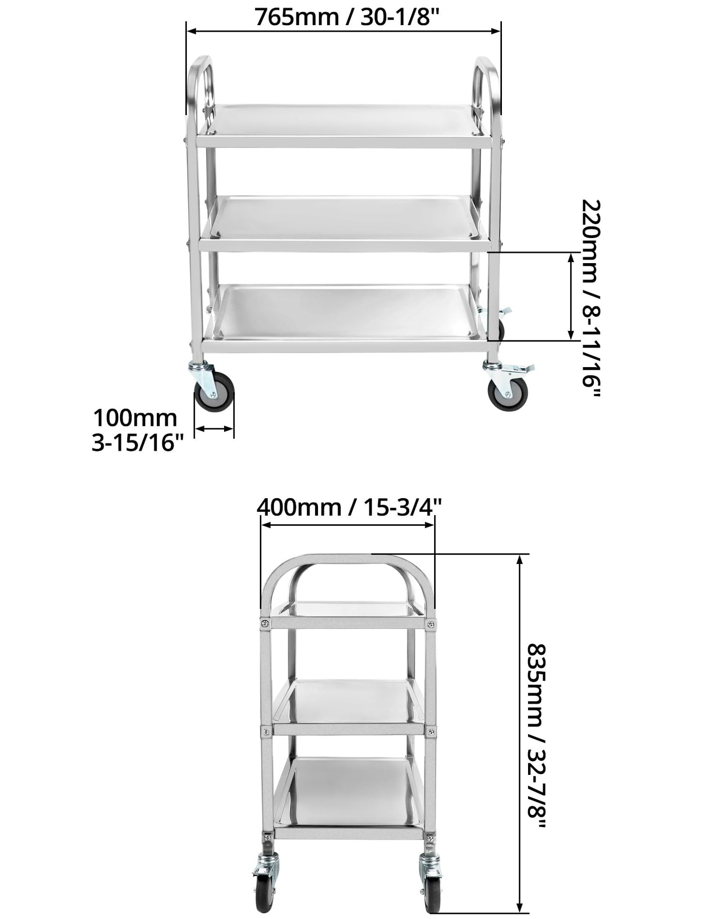 QWORK® 3-Etagen Edelstahl Servierwagen Teewagen Reinigungswagen mit Vibrationsarmen Bremse Lenkrollen für Küche, Hotel, Restaurant (75 x 40 x 83,5 cm)
