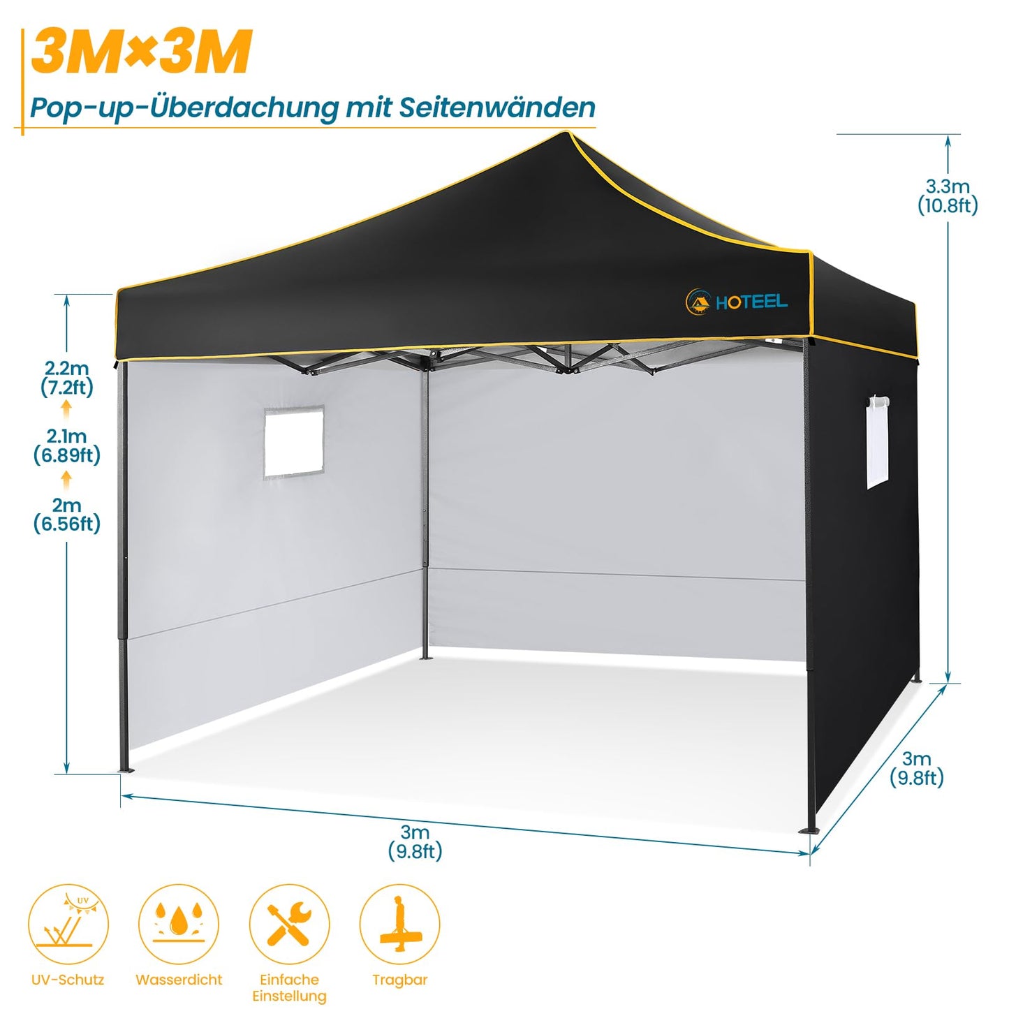 HOTEEL Faltpavillon Pavillon 3x3 Wasserdicht Stabil Winterfest Gartenpavillon, Pop Up Pavillon mit 4 Seitenwänden, Partyzelt 3x3 für Garten, Party, UV Schutz 50+ 3 Stufen Höhenverstellbar, Schwarz