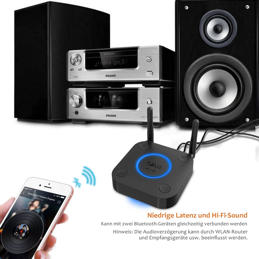1Mii Großer Reichweite Empfänger, HiFi Kabelloser Audio Adapter, aptX Low Latency Bluetooth 5.1 Receiver mit 3D Surround für Stereoanlage Lautsprecher, Optisches Koaxial 3,5mm RCA AUX