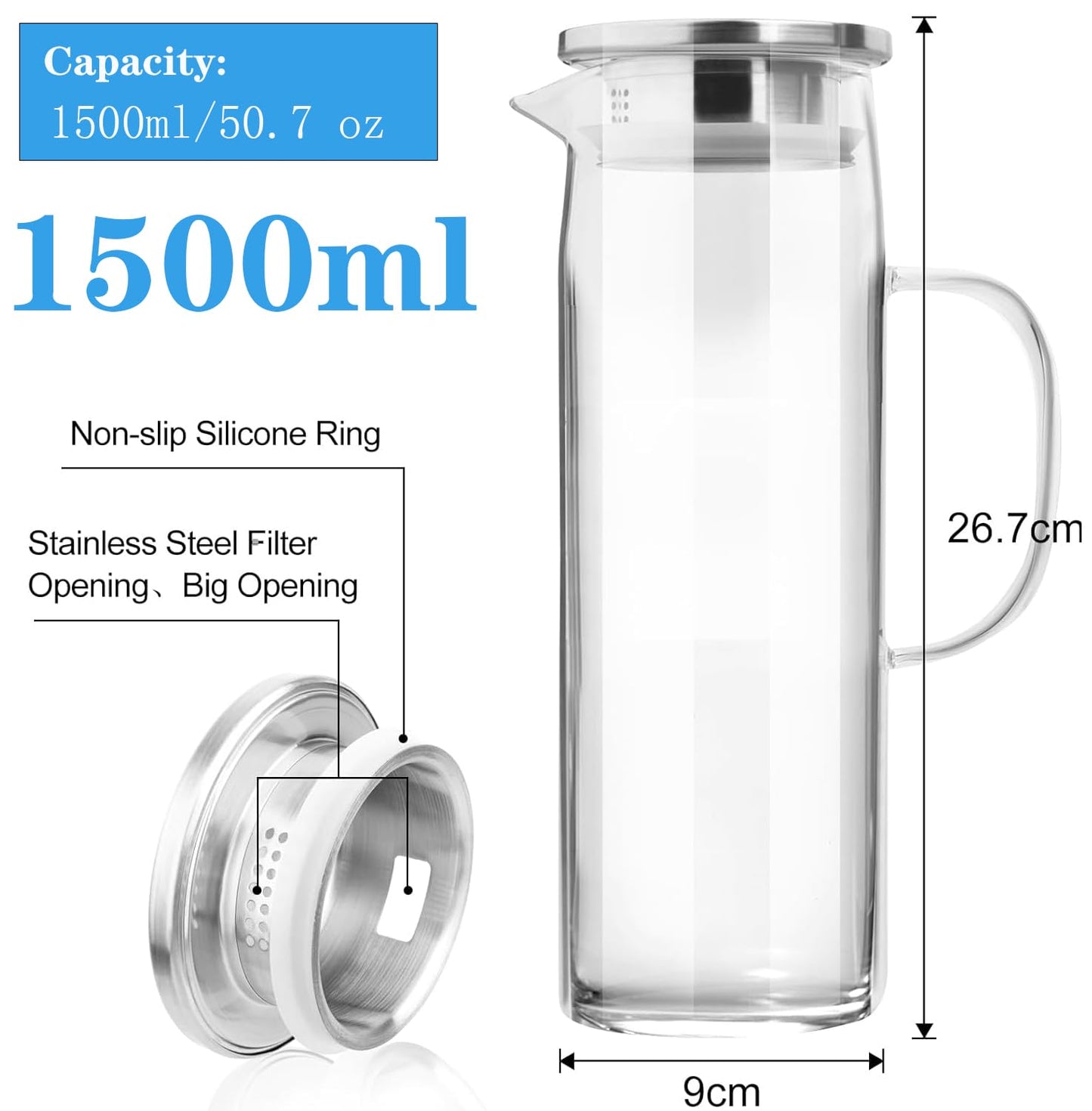 Litimkat 1.5L Wasserkaraffe aus Glas,Wasserkrug mit Versiegeltem Deckel,Hitzebeständig Wasserkocher,für Heißes/Kaltes Wasser, Wein,Eistee und Saftgetränke