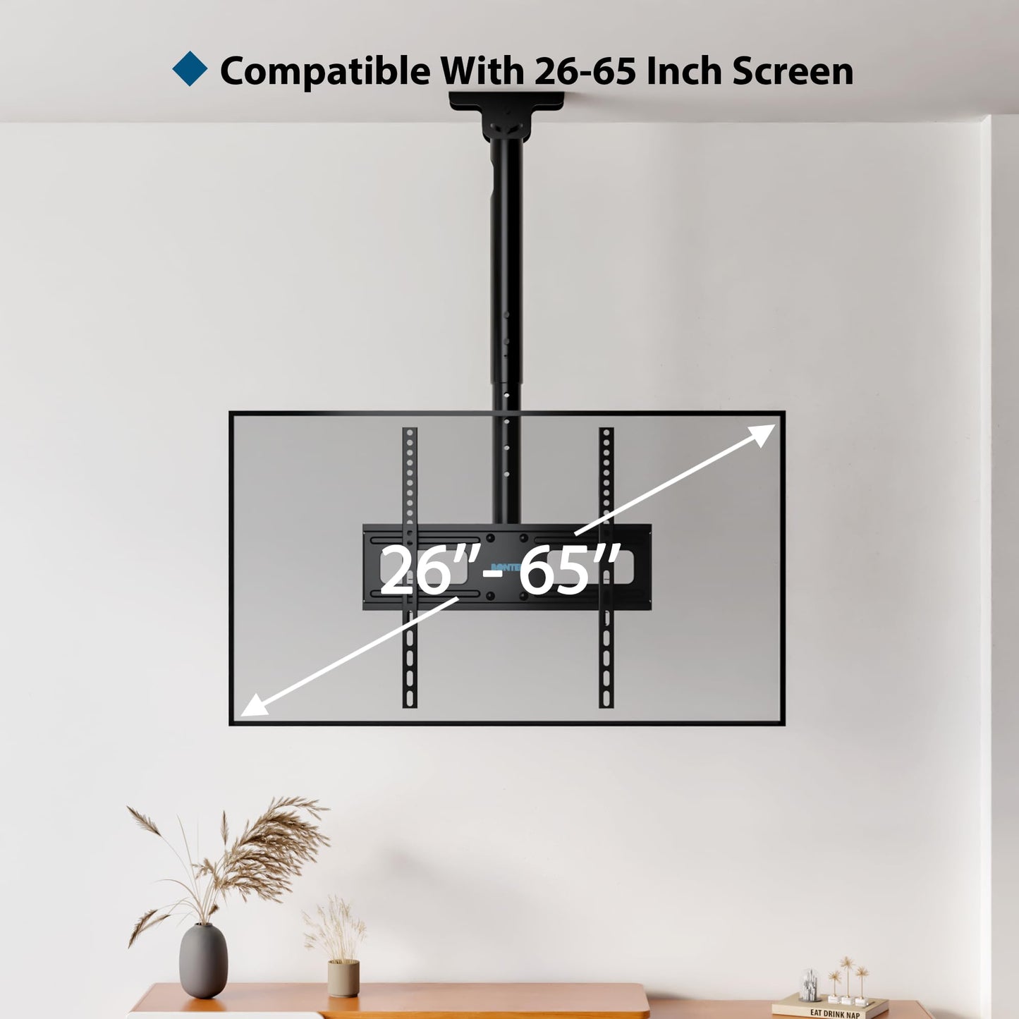 BONTEC TV-Deckenhalterung, neigbar und schwenkbar, 6-fache Höhenverstellung für 26-65 Zoll TV Decke, bis zu 45 kg, TV Wandhalterung max. VESA 400x400 mm