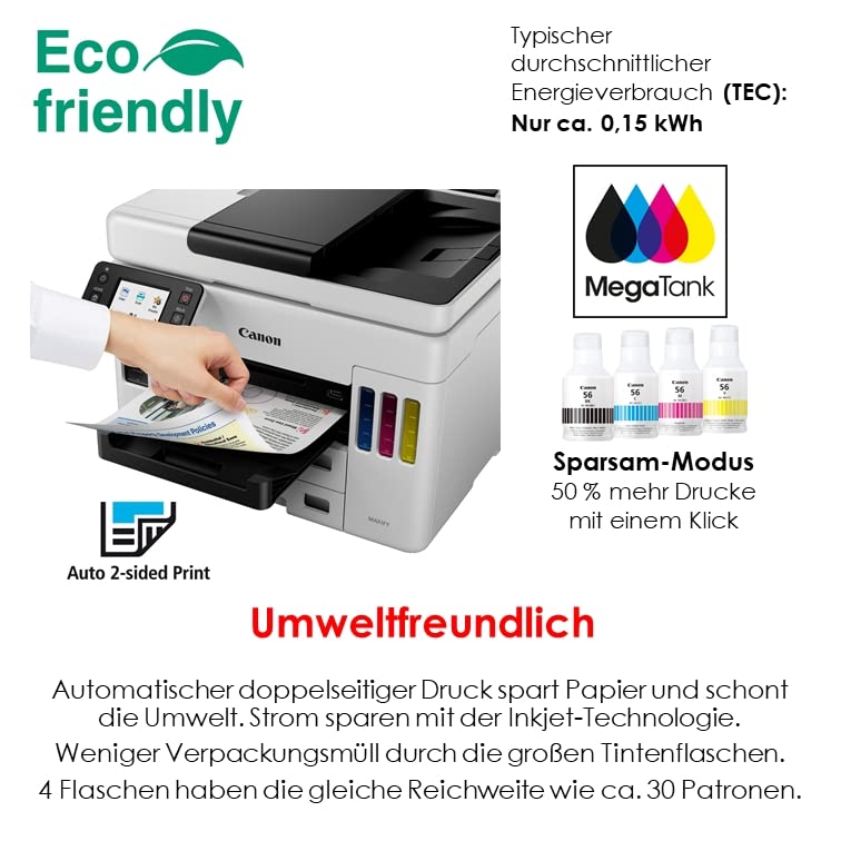 Canon MAXIFY GX7050 MegaTank Multifunktionsdrucker 4in1 (Tintenstrahl, Drucken, Kopieren, Scannen, Faxen, A4, WLAN, LAN, 6,7 cm LCD Touch, Duplex-Druck und -Scan, niedrige Druckkosten, 600 Blatt) weiß