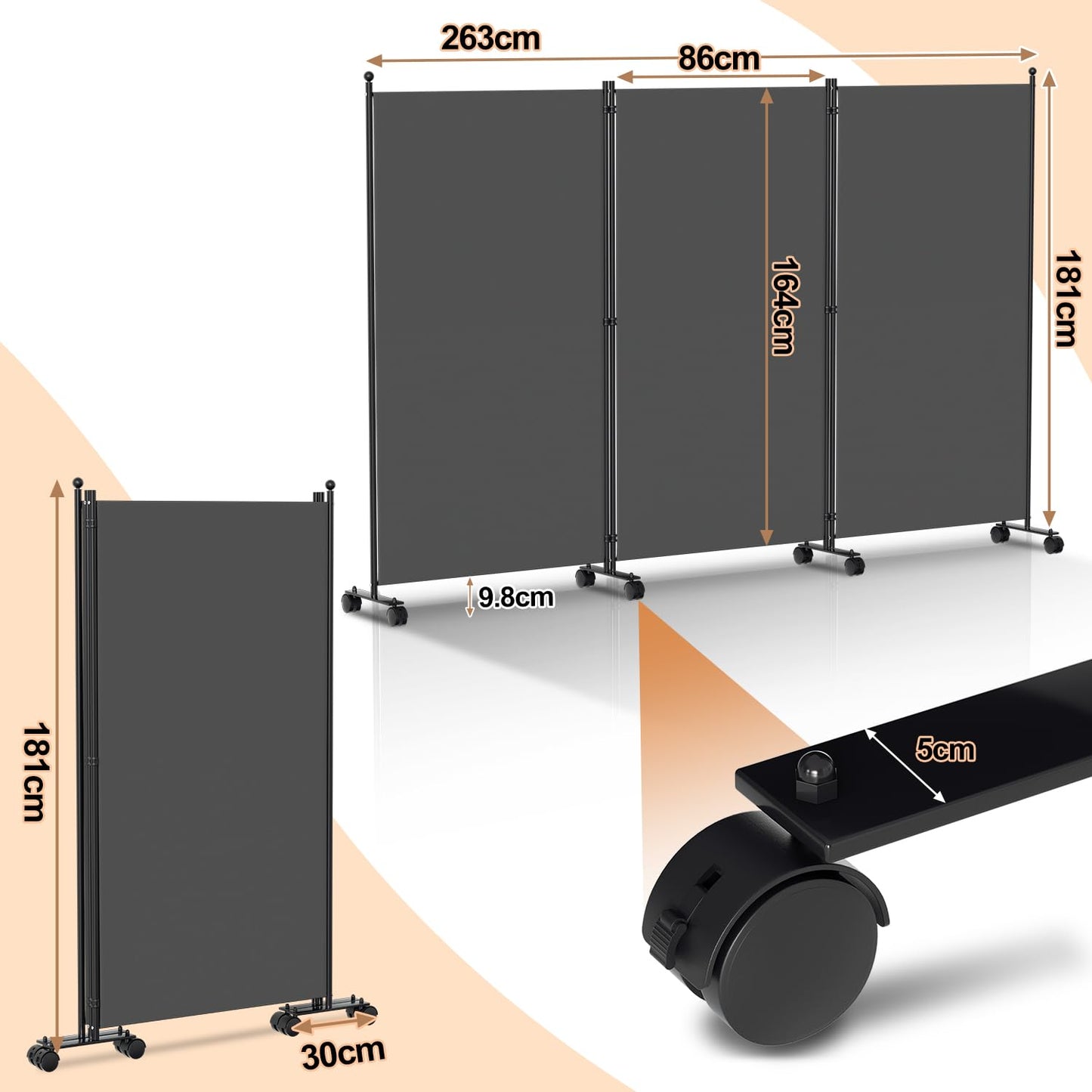 Vigevee Paravent Raumteiler Klappbar Freistehend Trennwand, Paravent auf Rollen, Umkleide Sichtschutz Raumtrenner 3 Teilig 263x181 cm, Paravent für Büros, Balkon - Anthrazit