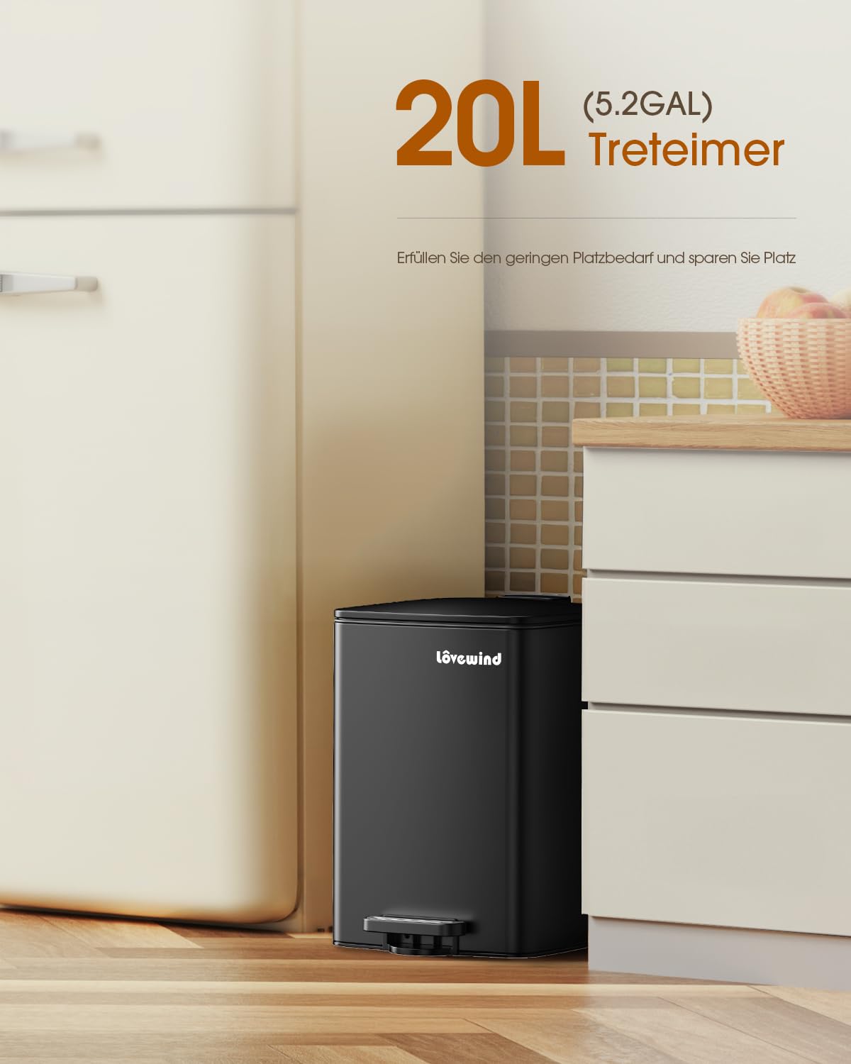 lovewind Küchenabfalleimer, 20L Schwarzer Mülleimer aus Edelstahl mit Pedal, mit Deckel und Inneneimer, Sanft Schließend und Offen Bleibend, Geeignet für Küche, Bad und Wohnzimmer