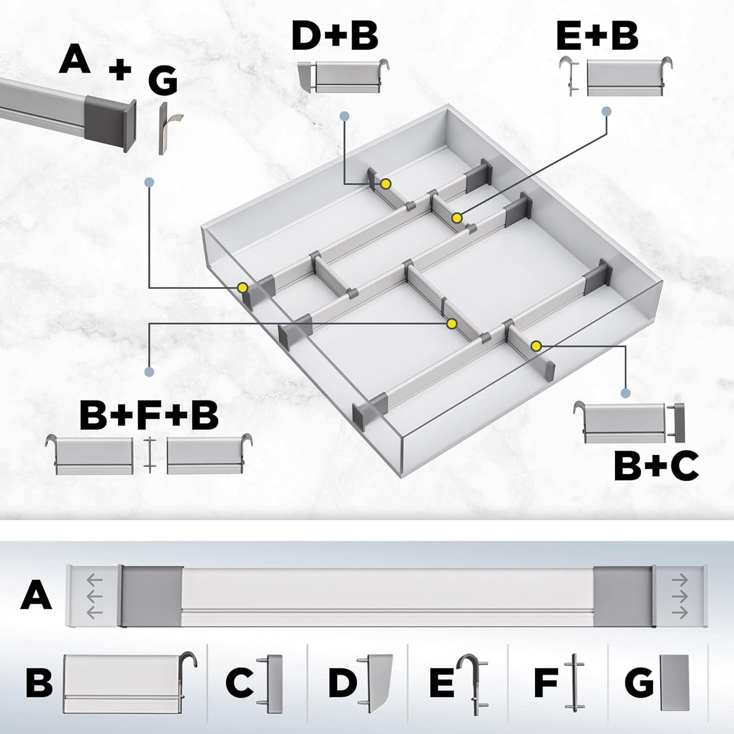 Schubladen-Organizer, Verstellbarer Schubladeneinsatz aus Aluminium für Clutter-Freie Küche, Schubladen, Büro, Klinik, Set aus 9 Trennelementen (3 lang + 6 kurz) 44.5-50 cm tief |VERBESSERT