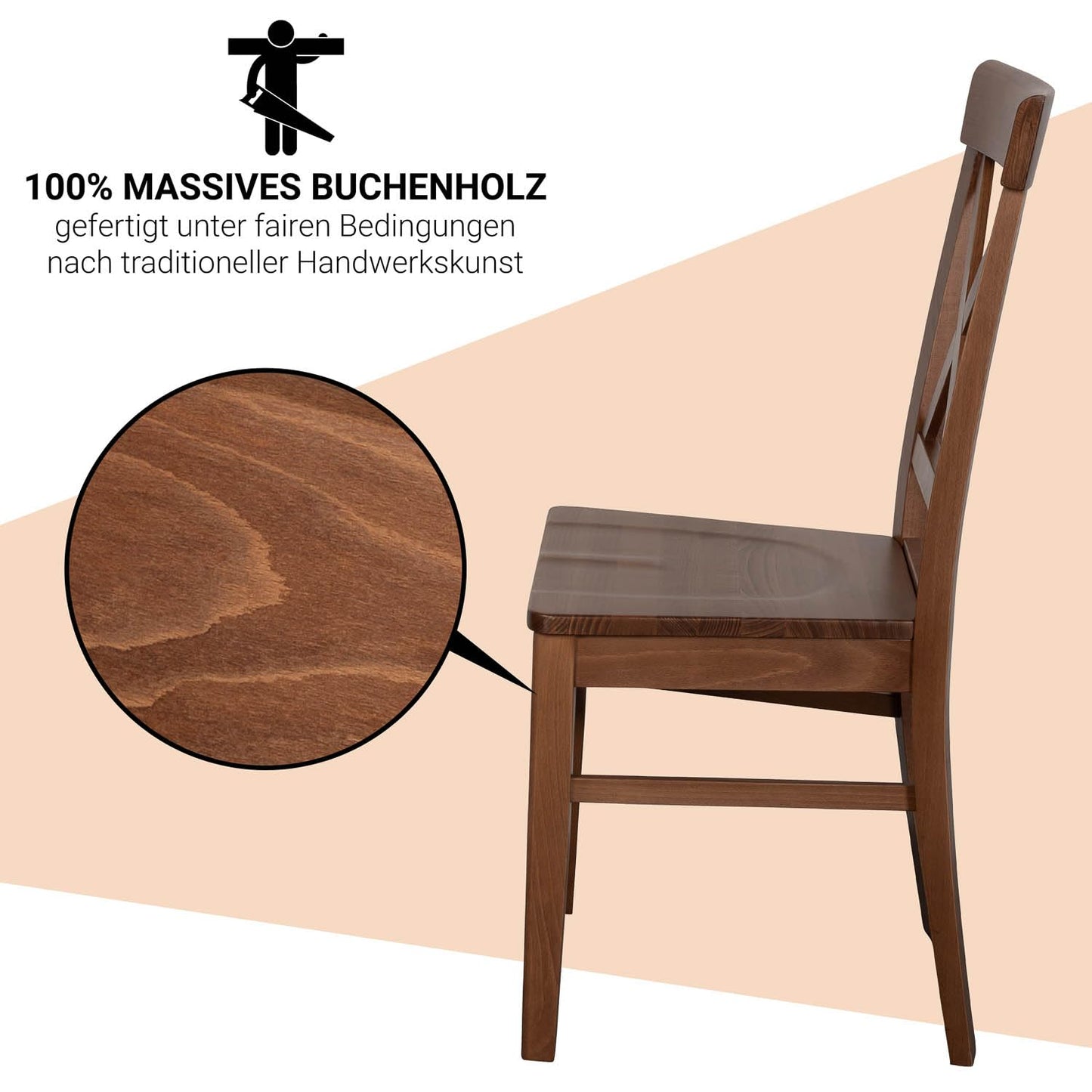 Staboos CH24 Esszimmerstuhle 6er Set Holz Stuhl bis 150 kg - Fertig montiert - Küchenstuhl 100% Massive Kernbuche Holzstuhl (Nussbaum)