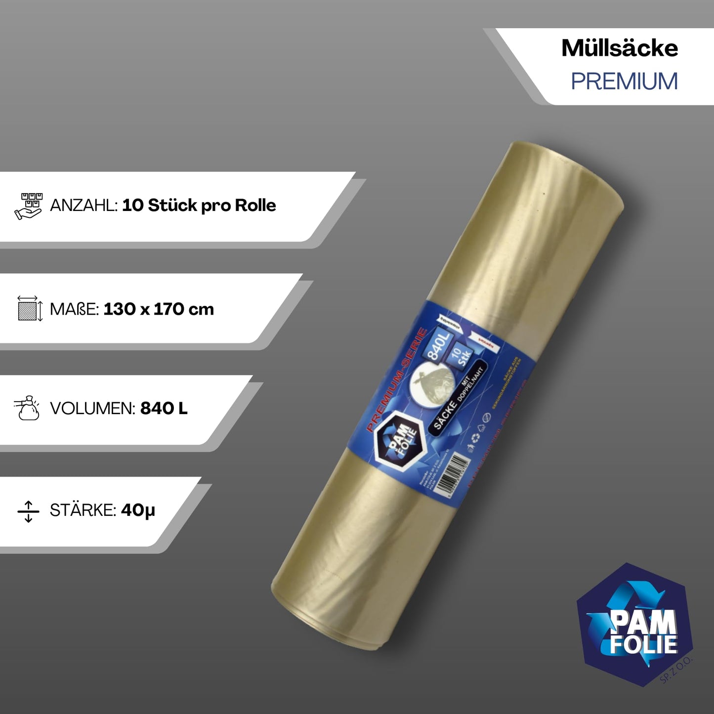 PAM-FOLIE Müllsäcke 840L - 10 Stück - XXL Große Bauschutt-Abfallsäcke, Premium - 130x170cm - 40µm - transparenter Müllbeutel - Bauschuttsäcke - Robuste Säcke für Styropor, Industrie