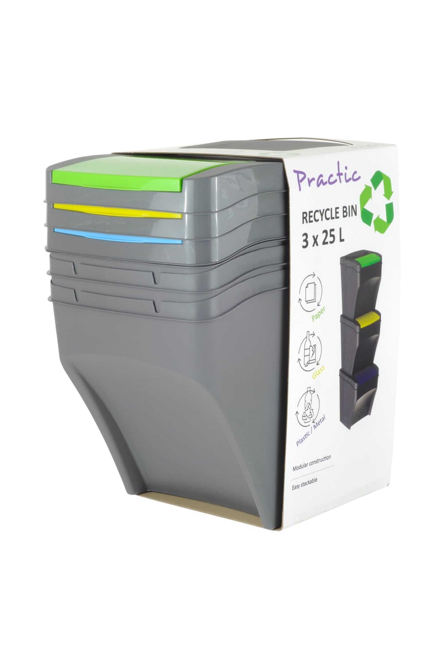 Practic 3 x 25L Mülleimer Küche Stapelbox 3 Fächer - Mülltonnenbox 3er - Abfalleimer Küche mit Deckel