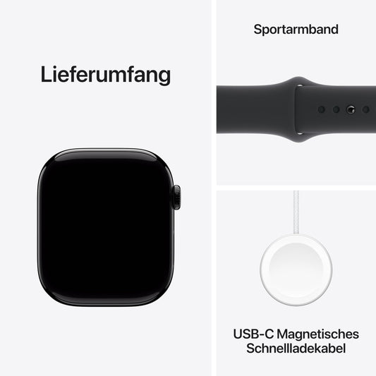 Apple Watch Series 10 (GPS 46 mm) Smartwatch mit Aluminiumgehäuse in Diamantschwarz und Sportarmband in Schwarz (M/L). Fitnesstracker, EKG App, Always-On Retina Display, Wasserschutz