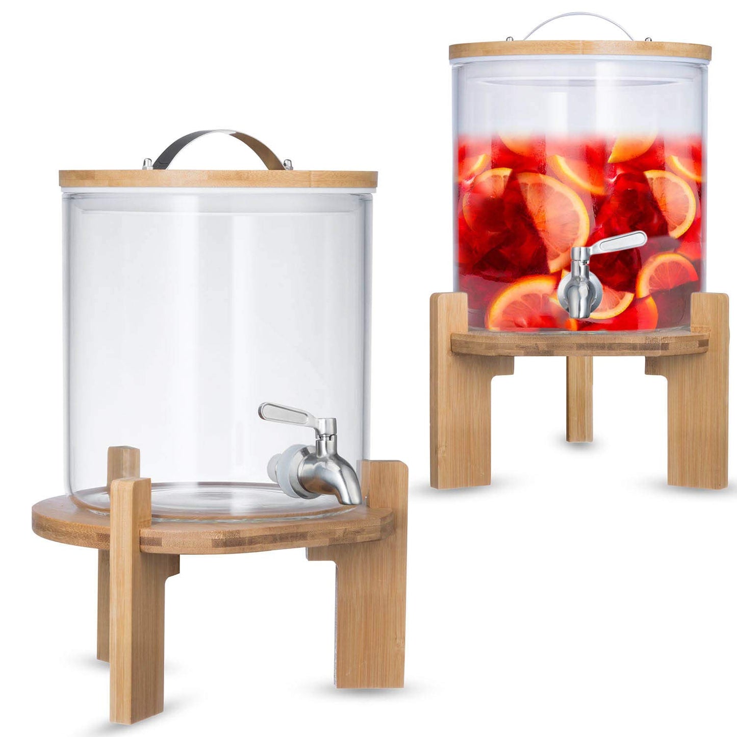 Getränkespender mit tropfsicheren Zapfhahn aus Edelstahl Wasserspender aus Glas mit Bambus Ständer und Deckel Limonadenspender aus hitzebeständigen Borasilikatglas (5 Liter)