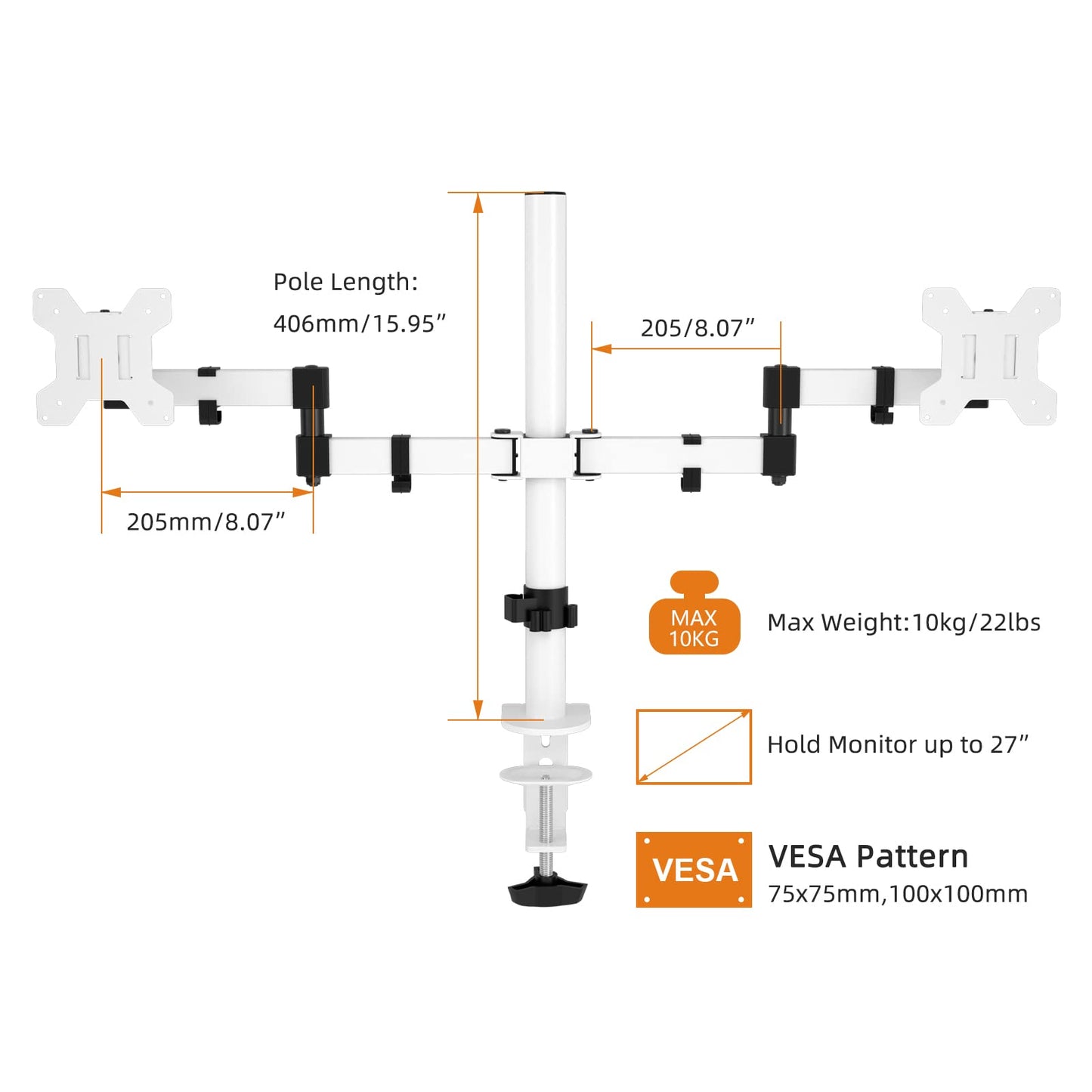Bracwiser Monitor Halterung 2 Monitore 27 Zoll verstellbare Tischhalterung für 13–27 Zoll, bis zu 10 kg pro Arm, VESA 75 x 75 mm/100 x 100 mm Zusammenklappbarer Monitorarm Monitor Halterung weiß