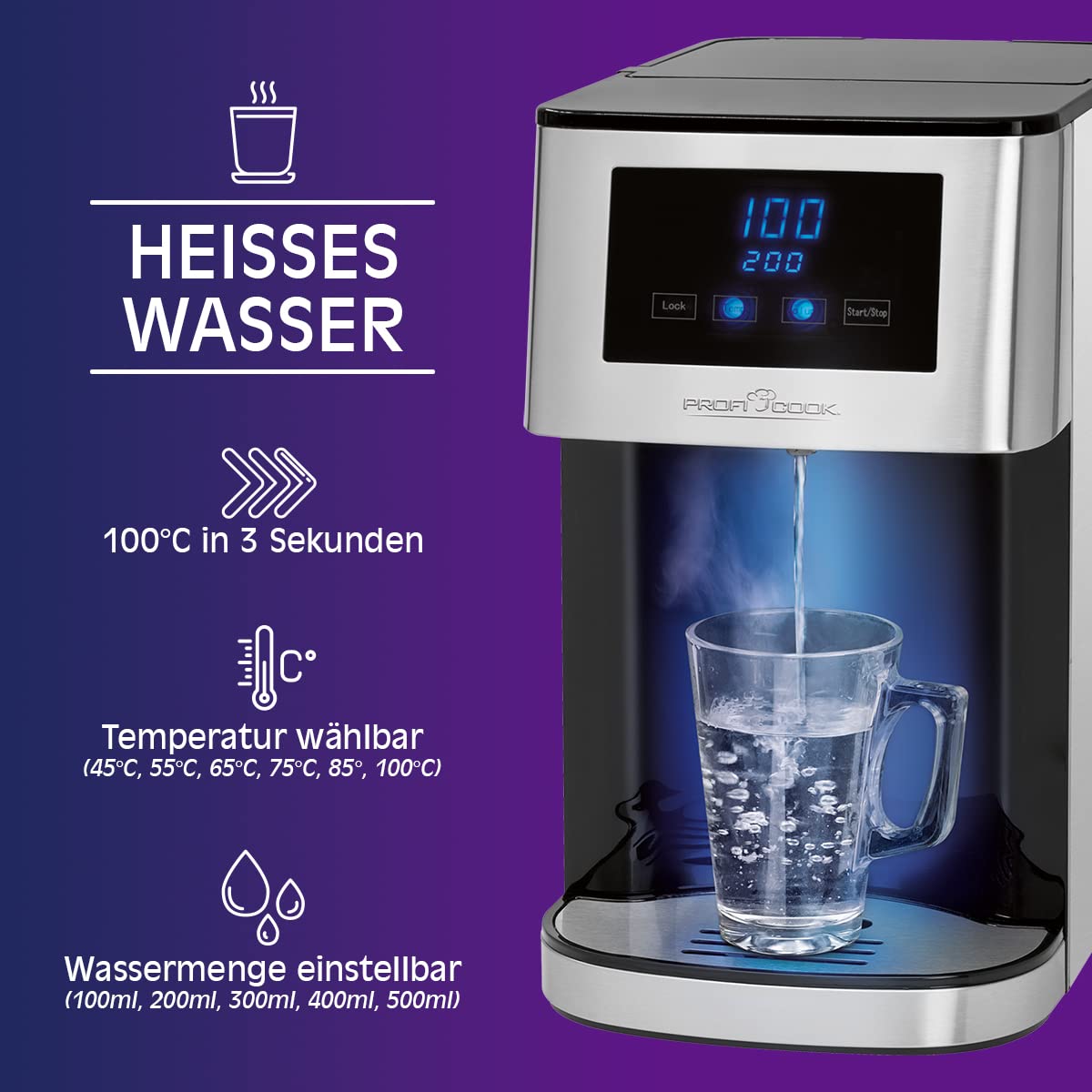 ProfiCook® Heißwasserspender | heißes Wasser in 3 Sekunden | Wasserkocher | kochendes Wasser auf Knopfdruck | Edelstahlgehäuse | LED-Display mit Sensor Touch-Bedienung | 2600 Watt | PC-HWS 1145