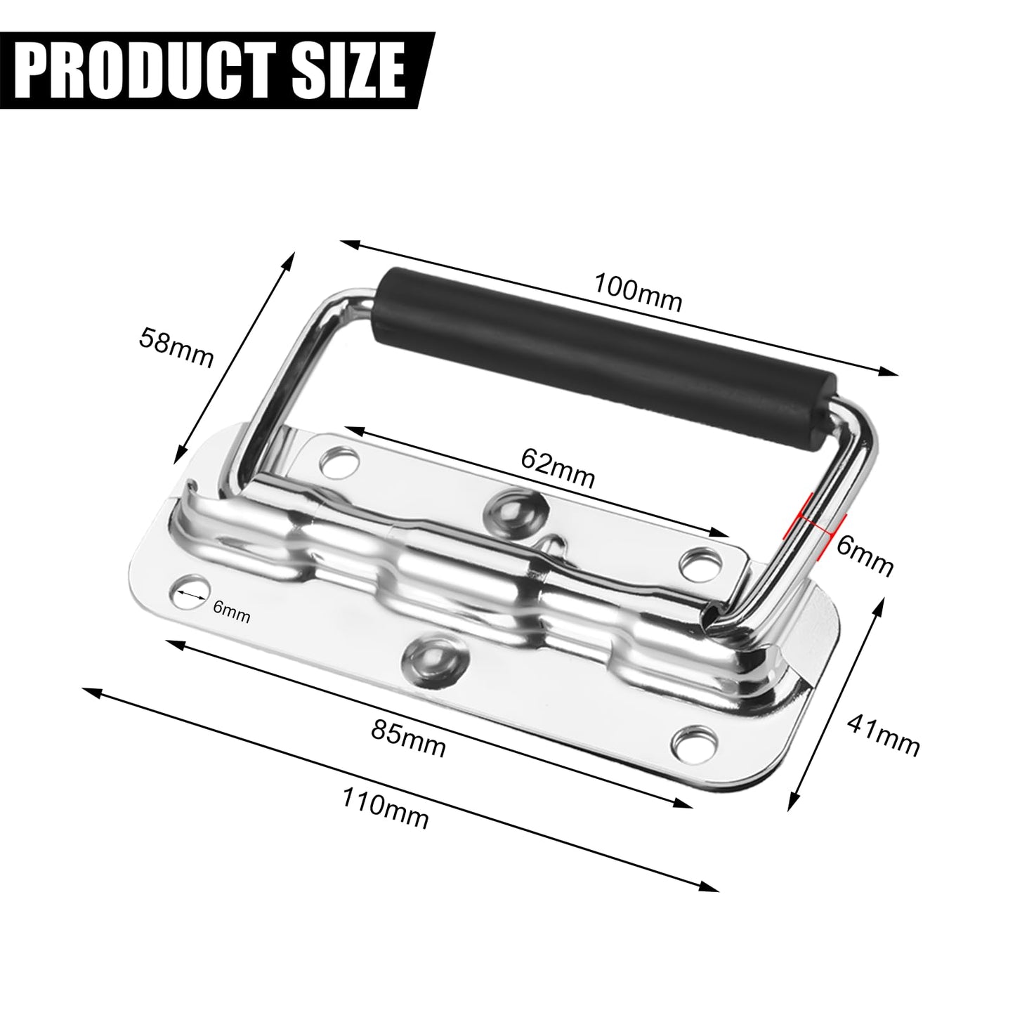 HIKPACKER 4 Stück Klappgriff Edelstahl, Tragegriff Mit Frühling, Kistengriff Silbrig, Mit Isoliertem Gummigriff, Bohrungsdurchmesser 6mm,Für Lautsprecherboxen Toolbox Tür Werkzeug Boxen (110mm)