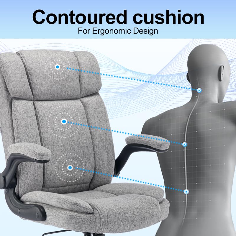 LIYURUI Bürostuhl Ergonomischer 150KG Belastbarkeit Chefsessel Stoff Flip-up Armlehnen/110° Schaukeln Chefsessel mit Hoher Rückenlehne und Breitem Sitz Schreibtischstuhl, Grau
