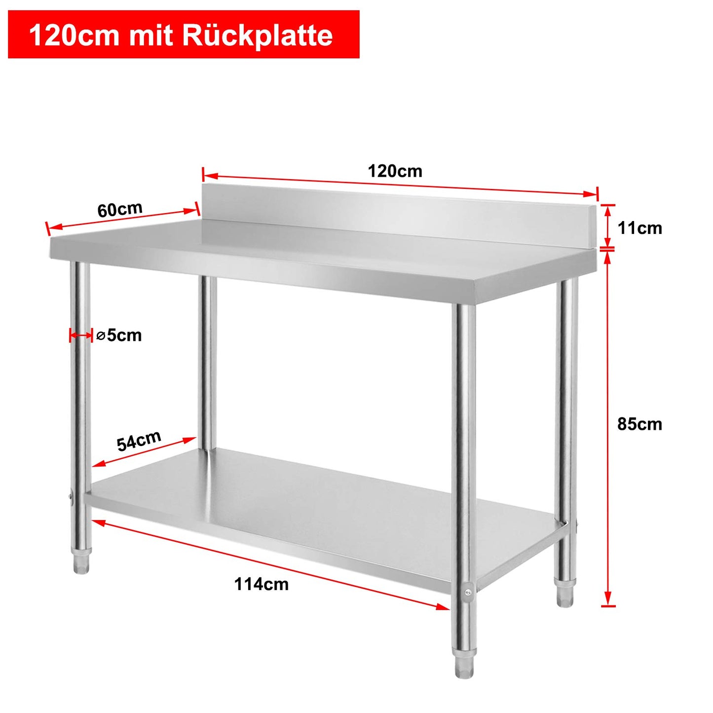 VA-Cerulean Edelstahltisch Edelstahl Arbeitstisch mit Verstellbare Füße Gastro Tisch Zubereitungstisch Zerlegetisch Küchenmöbel für Restaurant Bar, Silber(mit Aufkantung, 120x60x85cm)