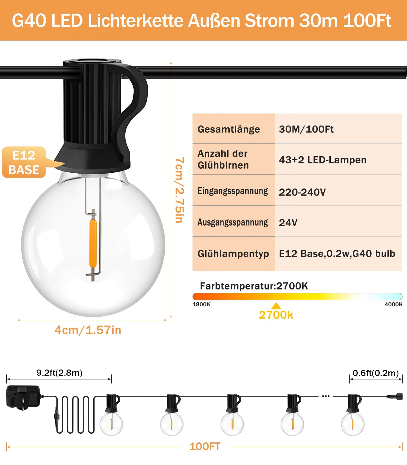 JEYMORKEY Lichterkette LED Außen Strom Outdoor - 30M 100FT G40 Glühbirnen Garten Beleuchtung Balkon Lichterketten Aussen IP44 Wetterfest Pavillon String Lights mit Fernbedienung für Terrasse Party