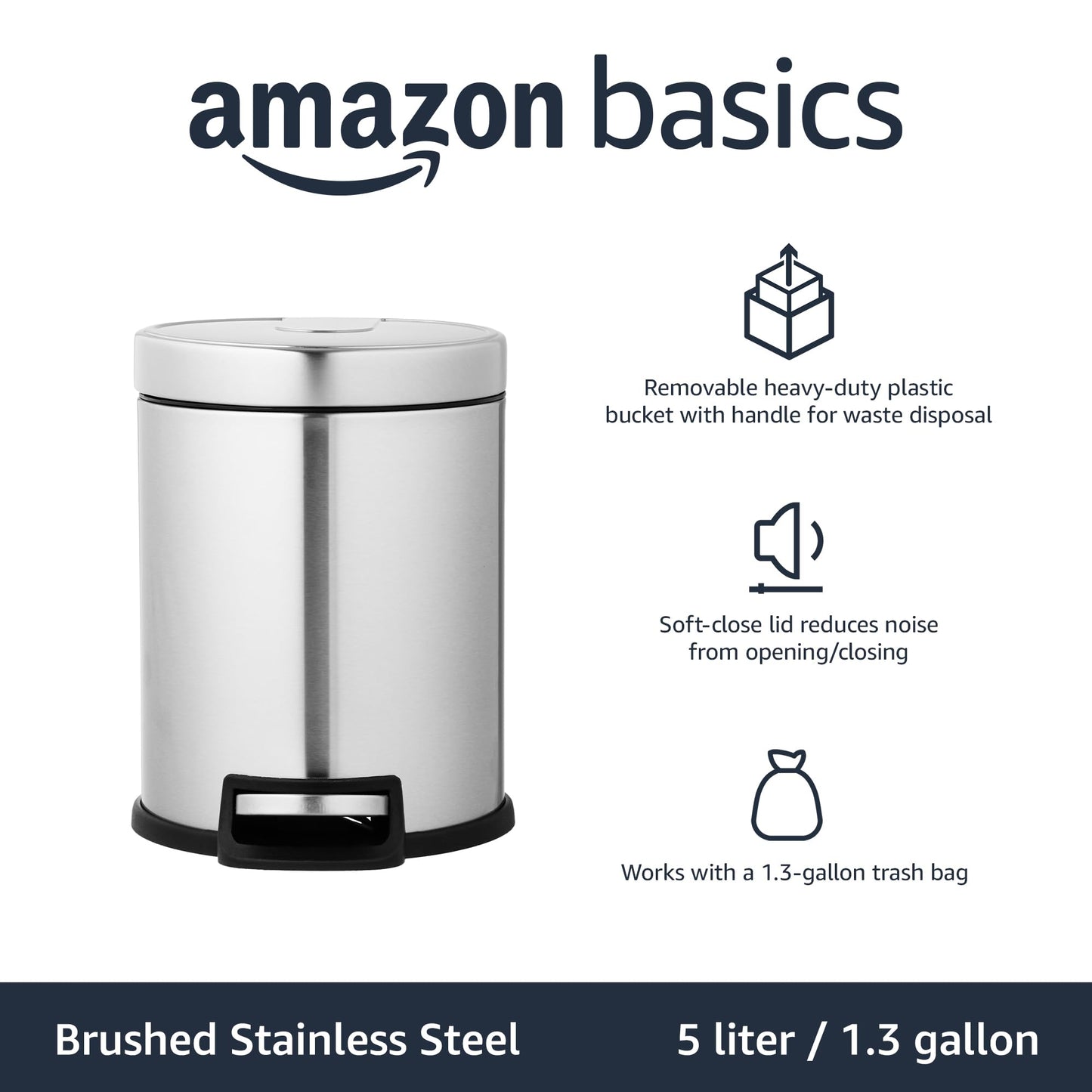 Amazon Basics Mülleimer, rund, zylindrisch, klein, sanftes Schließen, mit Fußpedal, für Badezimmer und kleine Räume, 5 l, Gebürsteter Edelstahl