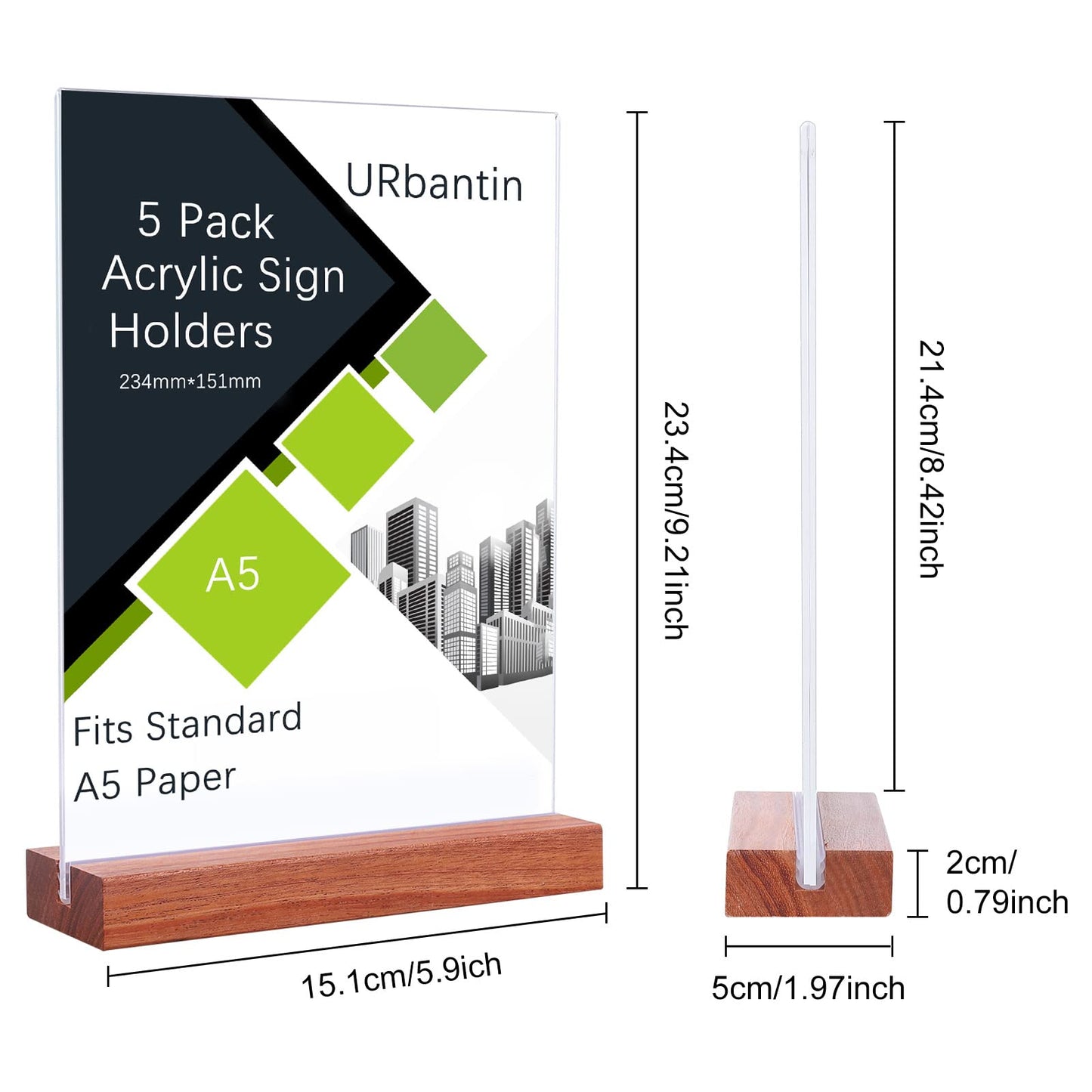 URbantin A5 Ständer Aufsteller Acryl Tischaufsteller,5 Stück T-Ständer Werbeaufsteller T-Aufsteller,Doppelseitig Schildhalter für Restaurant,Hotel,Dokumente,Büro, Geschäft (Holzsockel)