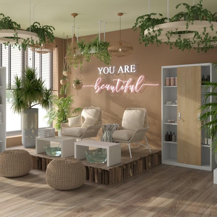 Jan Nowak Aktenschrank Büroschrank mit Schiebetüren Metall 4 Fachböden Pulverbeschichtung Abschließbar 185 cm x 90 cm x 40 cm (Weiß/Holzoptik)