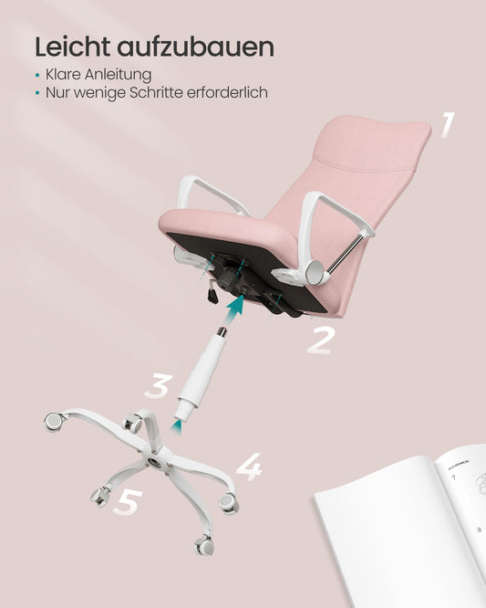 Ergonomischer Bürostuhl – Drehstuhl mit S-förmiger Rückenlehne & Wippfunktion, Pastellrosa