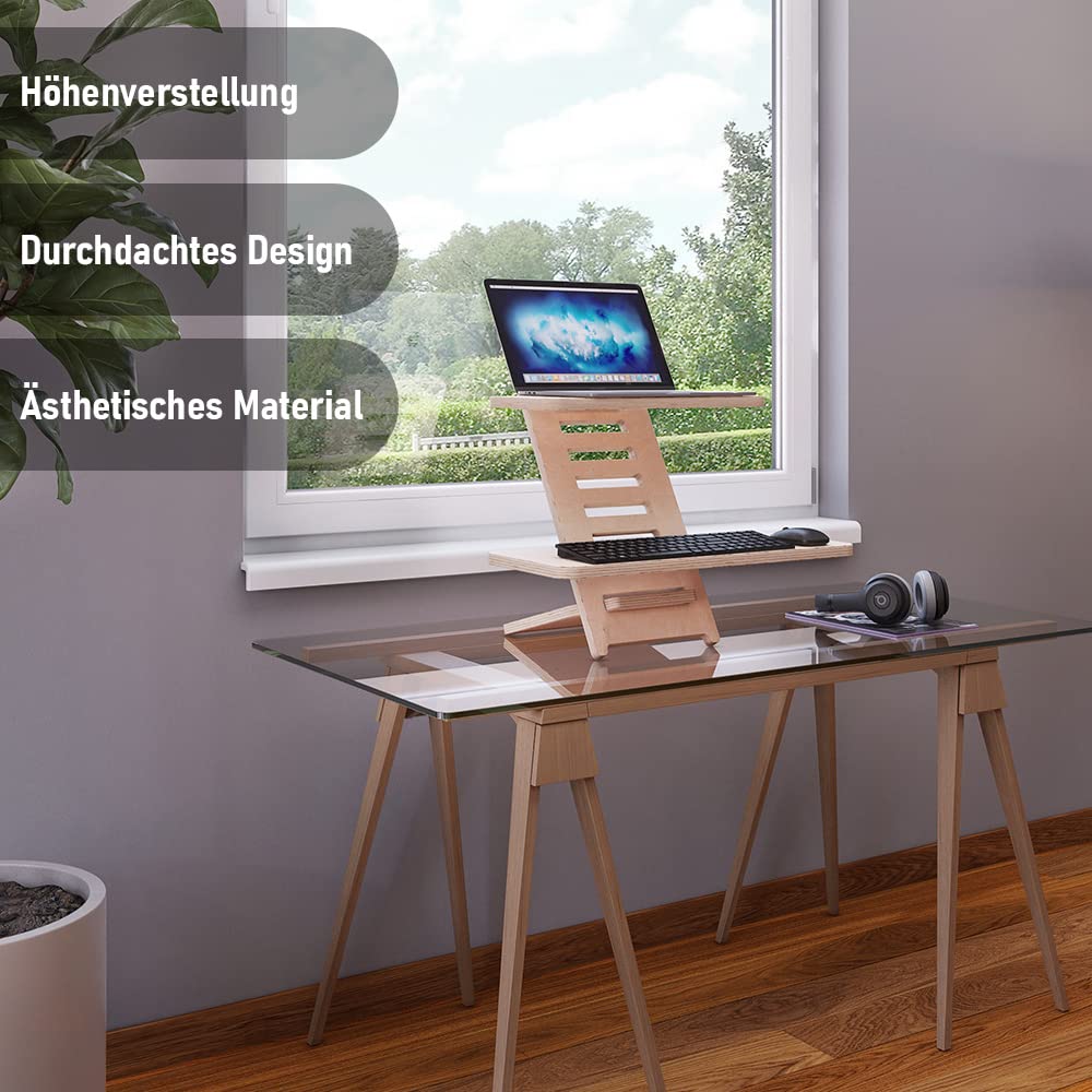 Stehschreibtisch Aufsatz aus Holz – Höhenverstellbares Stehpult und Laptopständer aus natürlichem Holz Made in EU