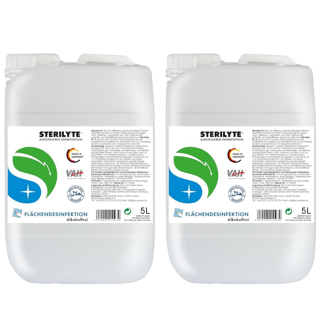 STERILYTE Flächendesinfektionsmittel Kanister 2 x 5 L – Nachhaltig, alkoholfrei & hochwirksam - Desinfektionsmittel für Flächen vielseitig einsetzbar – Halal zertifiziert, MADE IN GERMANY