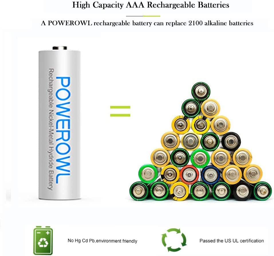 POWEROWL AAA Akku 1000mah 8 Stück mit Akku Ladegerät, AAA Akkuladegerät 8 Steckplatz Anschluss Universal Batterieladegerät für NI-MH NI-CD AA AAA Wiederaufladbare Batterien