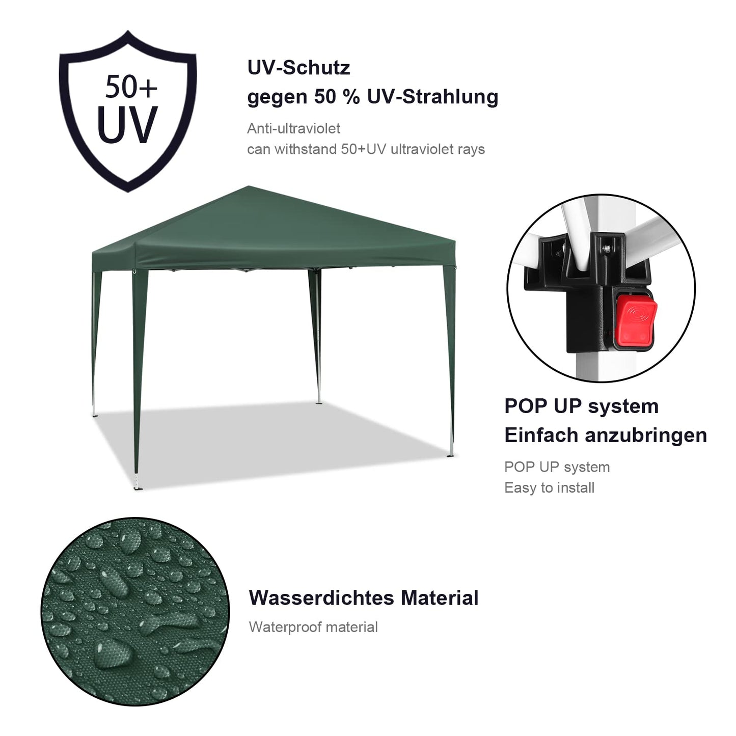 WOLTU Pavillon Pop-Up wasserdichter Faltpavillon Sonnenschutz Event Pavillon Gartenpavillon auf Terrasse Camping Festival Pagodenzelt aus Oxford Metallrahmen 3 x 3 m Grün
