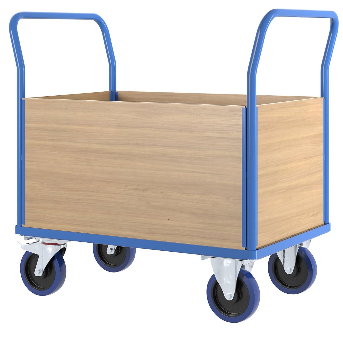eurokraft | pro | Plattformwagen mit Holzwänden | Vollelastik-Rollen | 4 hohe Wände | Ladeflächen-LxB 995 x 645 mm