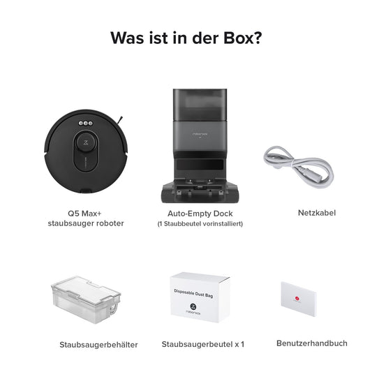 roborock Q5 Max+ Saugroboter mit automatischer Staubentleerung, 5.500 Pa Saugleistung, DuoRoller-Bürste, bis zu 7 Wochen freihändige Reinigung, PreciSense LiDAR-Navigation, App&Sprachsteuerung,Schwarz