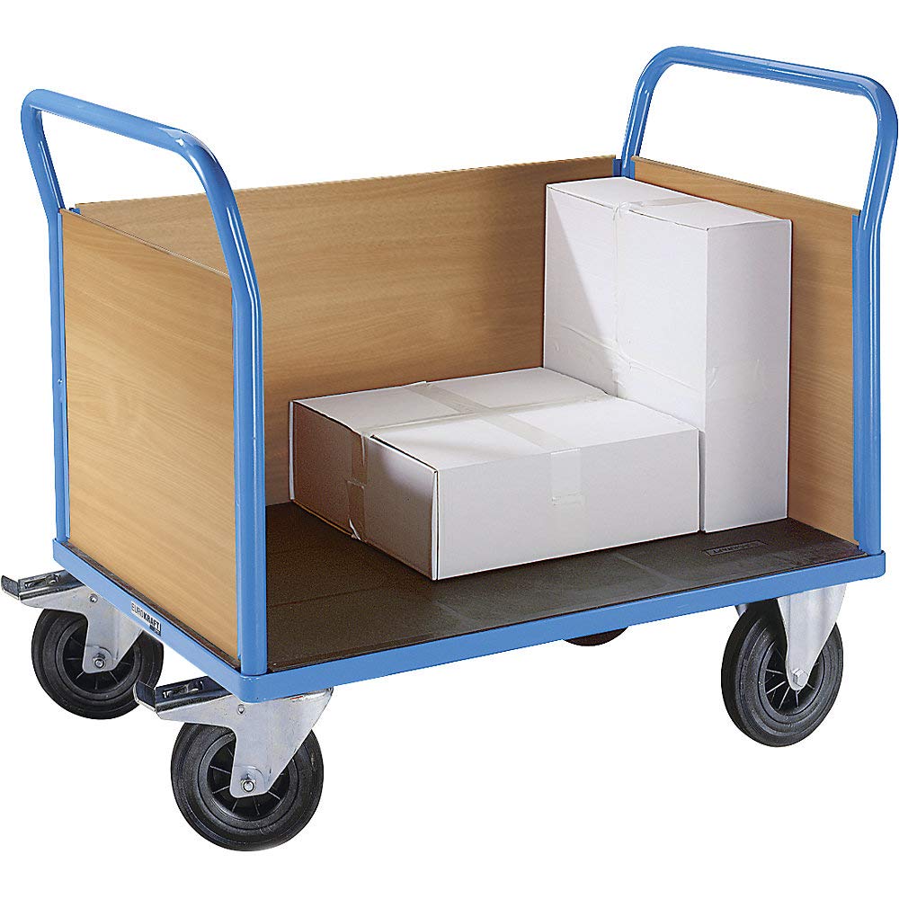 eurokraft | pro | Plattformwagen mit Holzwänden | mit 3 hohen Wänden | LxB 1050 x 700 mm | Vollgummireifen