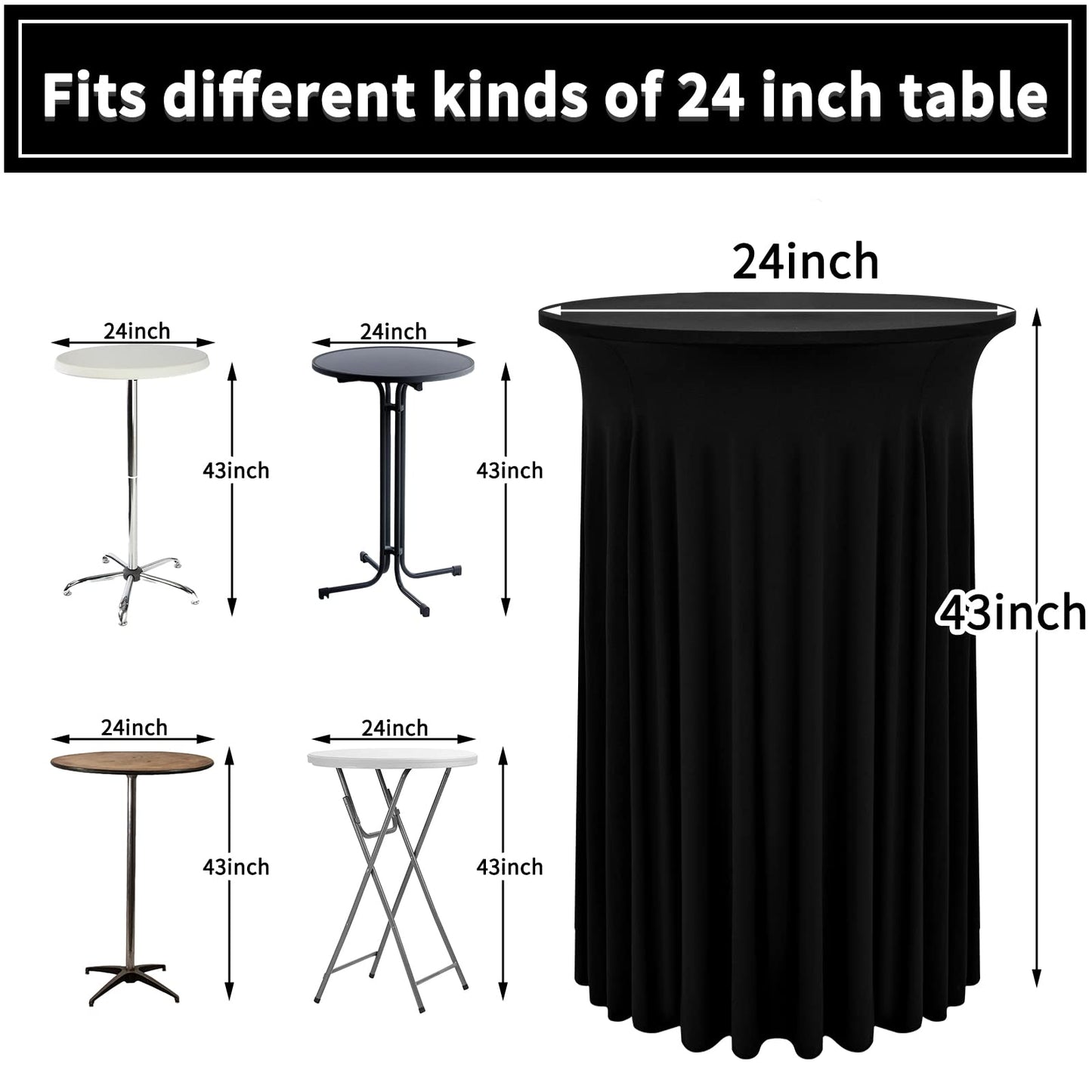 4er-Set Schwarz Stehtisch Hussen für Bistrotisch 60 x 110 cm Spandex-Stretch Tischdecke mit Rock, Runder Cocktail-Tischrocke für Hochzeit, Bar, Party, Geburtstag, Banketttisch