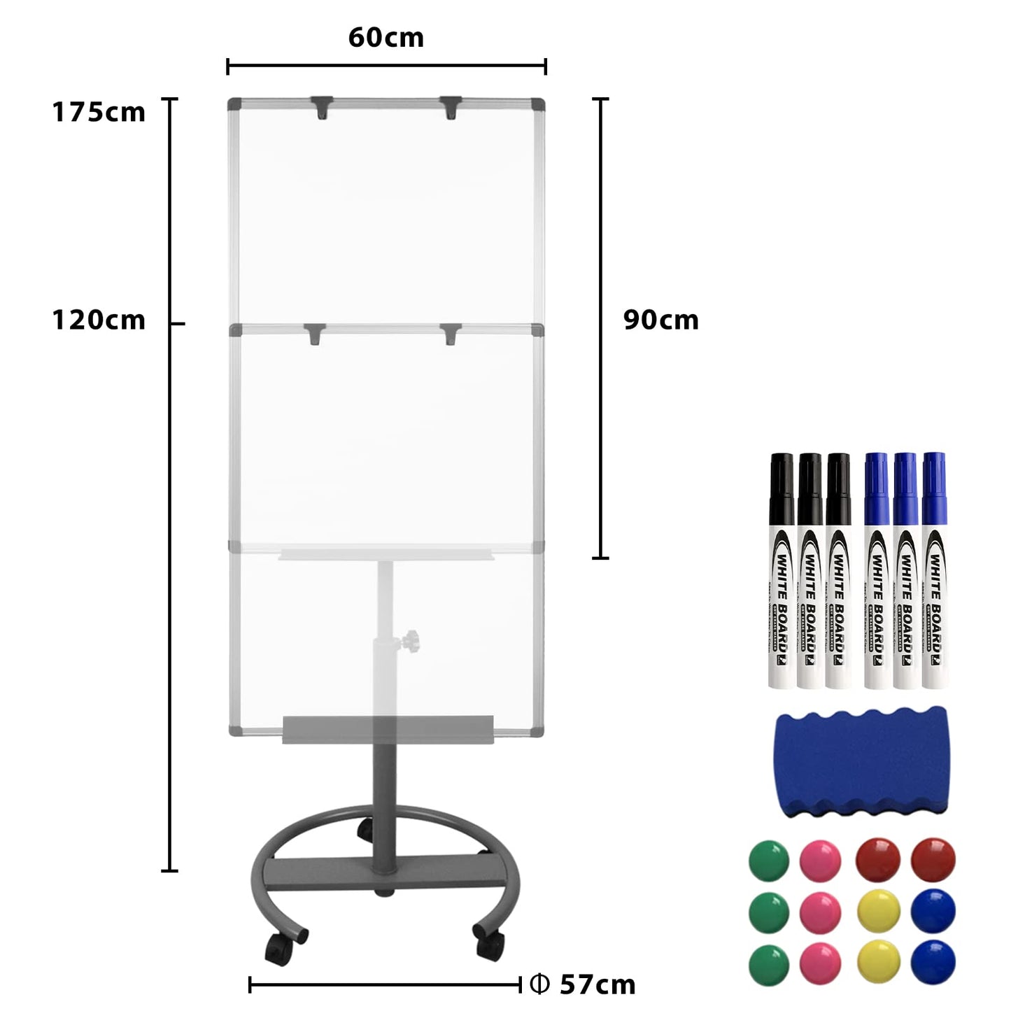 YRHome Flipchart mit Rollen 60x90 cm Whiteboard auf Rollenfuß Mobil Flipchart höhenverstellbar Staffelei Magnetisch Beschreibbar Abwischbar Präsentationstafel Papierhalter (Rundfuß mit Rollen)