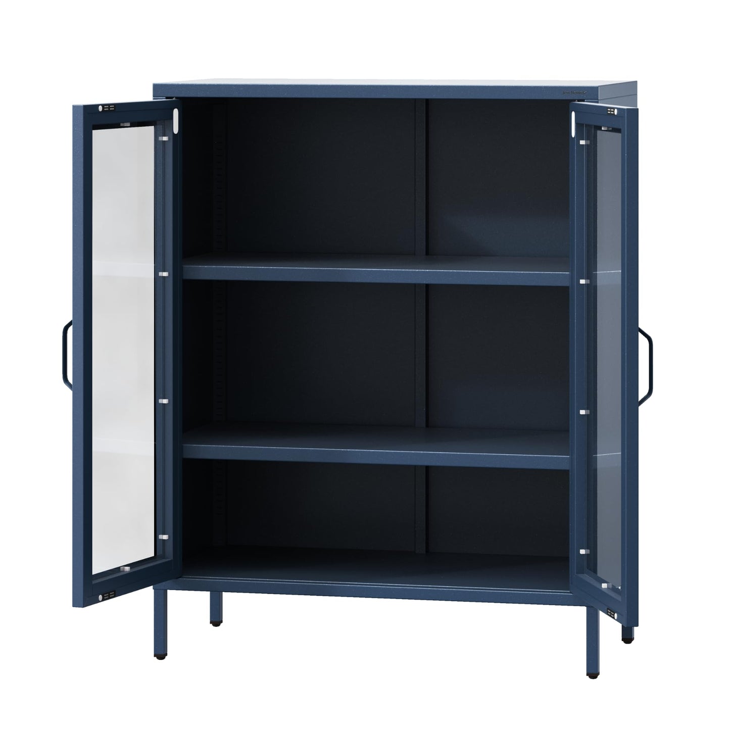 Jan Nowak 2-türiger Vitrinenschrank - GINA | 2 verstellbare Ablagen, Gehärtetes Glas, Wandmontage | Glasvitrine Stehend, Vitrine Glas, Wohmzimmerschrank Glitzernd | 80 x 101,5 x 40 cm | Dunkelblau