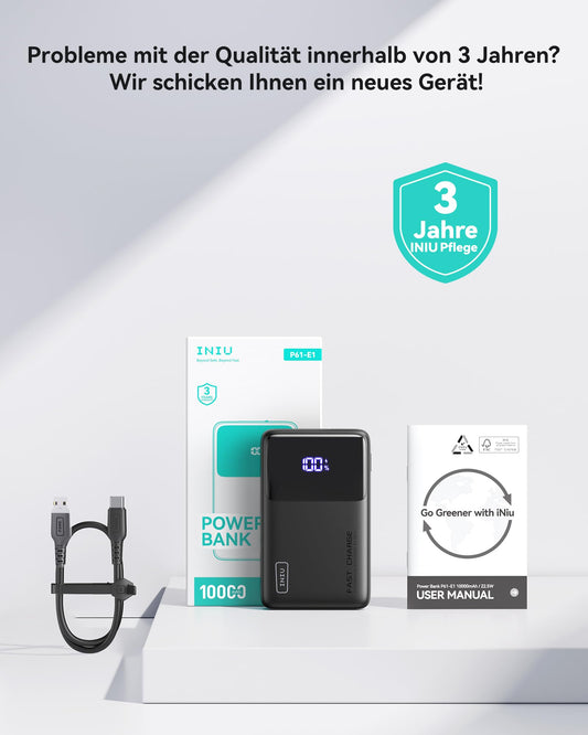 INIU Power Bank, 22.5W Ultraleicht 10000mAh Powerbank Schnelllade-LED-Display tragbares Ladegerät PD3.0 QC4.0, 3A Ausgänge Taschenlampe Handyakku kompatibel mit iPhone 16 15 14 13 Samsung S24 S23 iPad