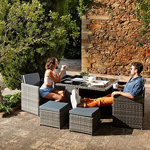 tectake® Lounge Möbel Set 4X Stühle, 4X Hocker, 1x Tisch, platzsparende Cube Aufbewahrung, Outdoor Rattan Gartenmöbel für Balkon, Garten und Terrasse, mit Abdeckung und Wechselbezügen - Schwarzbraun