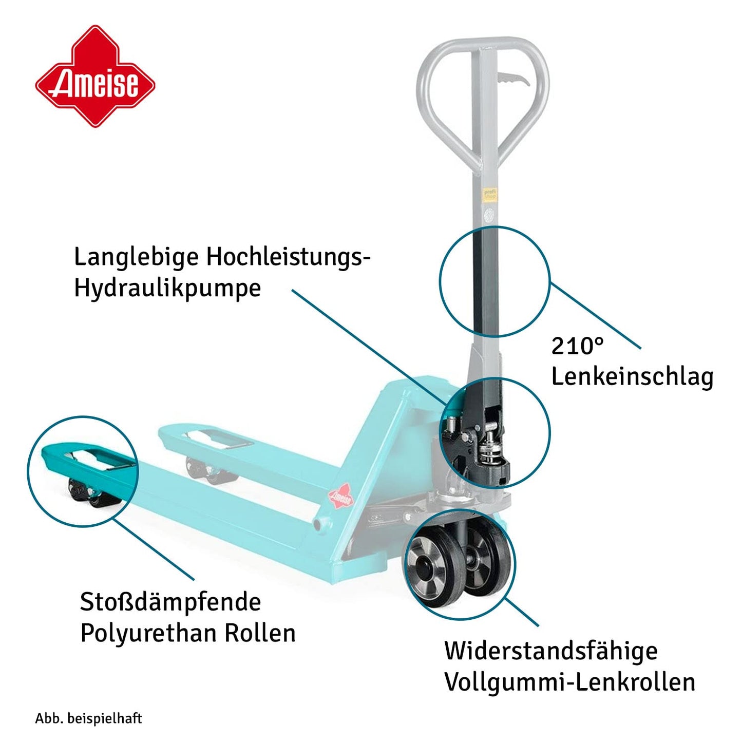 Ameise Handhubwagen PTM 2.0 | 2.000 kg Tragkraft | 1.150 mm Gabellänge | Lenkrad aus Vollgummi | Einfach-Gabelrollen aus robustem Polyurethan | Palettenhubwagen | Gabelhubwagen | Hubwagen