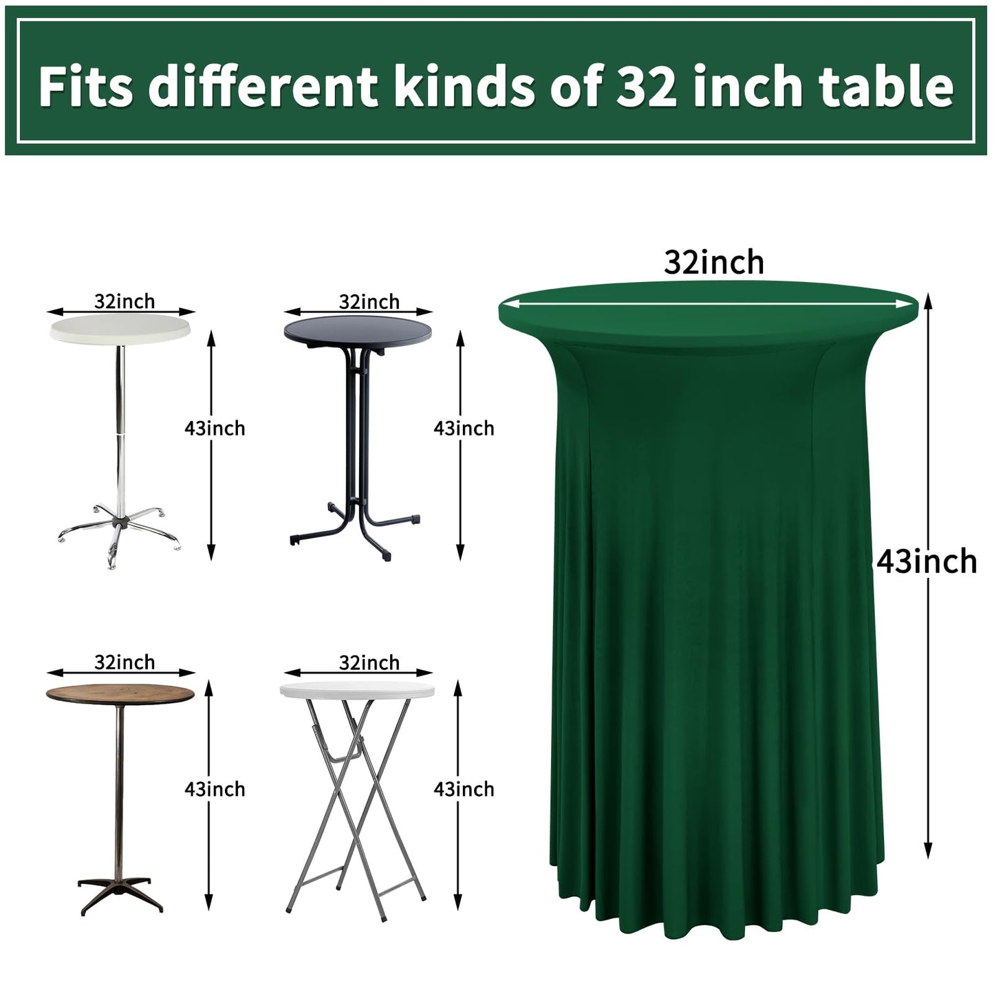 4er-Set Dunkelgrün Stehtisch Hussen für Bistrotisch 80 x 110 cm Spandex-Stretch Tischdecke mit Rock, Runder Cocktail-Tischrocke für Hochzeit, Bar, Party, Geburtstag, Banketttisch