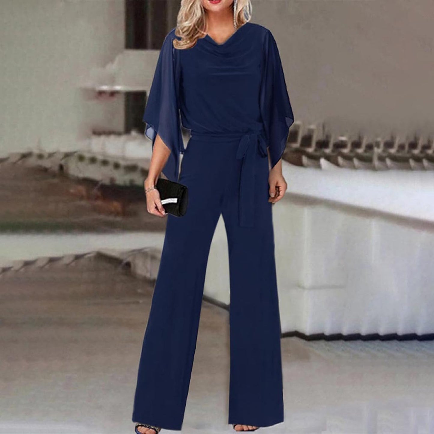 EMATOP Jumpsuit Damen Elegant für Hochzeit Hosenanzug Sommer Lang Overall Einteiler Lässiger Hosenanzug 3/4 Ärmel Einfarbig Playsuit Hohe Taille Strampler Spielanzug Festlich Party Romper