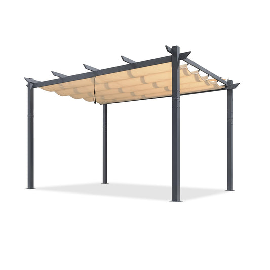 PURPLE LEAF Pergola 3 x 4 m Wasserdicht Stabil Winterfest, Aluminium Garten Pavillon mit Schiebedach, Terrasse Pavillon Dunkelgrau Rahmen mit Sonnenschutz Überdachung, Beige
