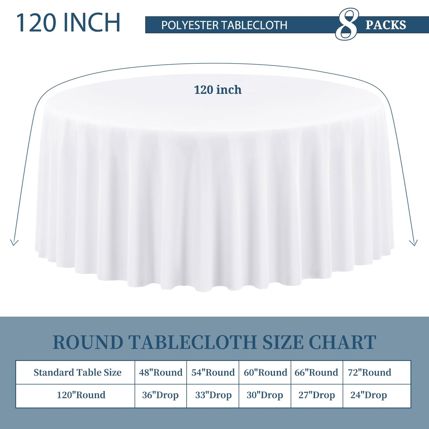 8 Packungen Premium-runde Tischdecke, 305 cm, weiße Polyester-Tischdecke, waschbar, Tischdecken aus Polyesterstoff, Tischdecke für Hochzeit, Party, Bankett, Buffet, Urlaub, Abendessen (weiß, 305 cm)